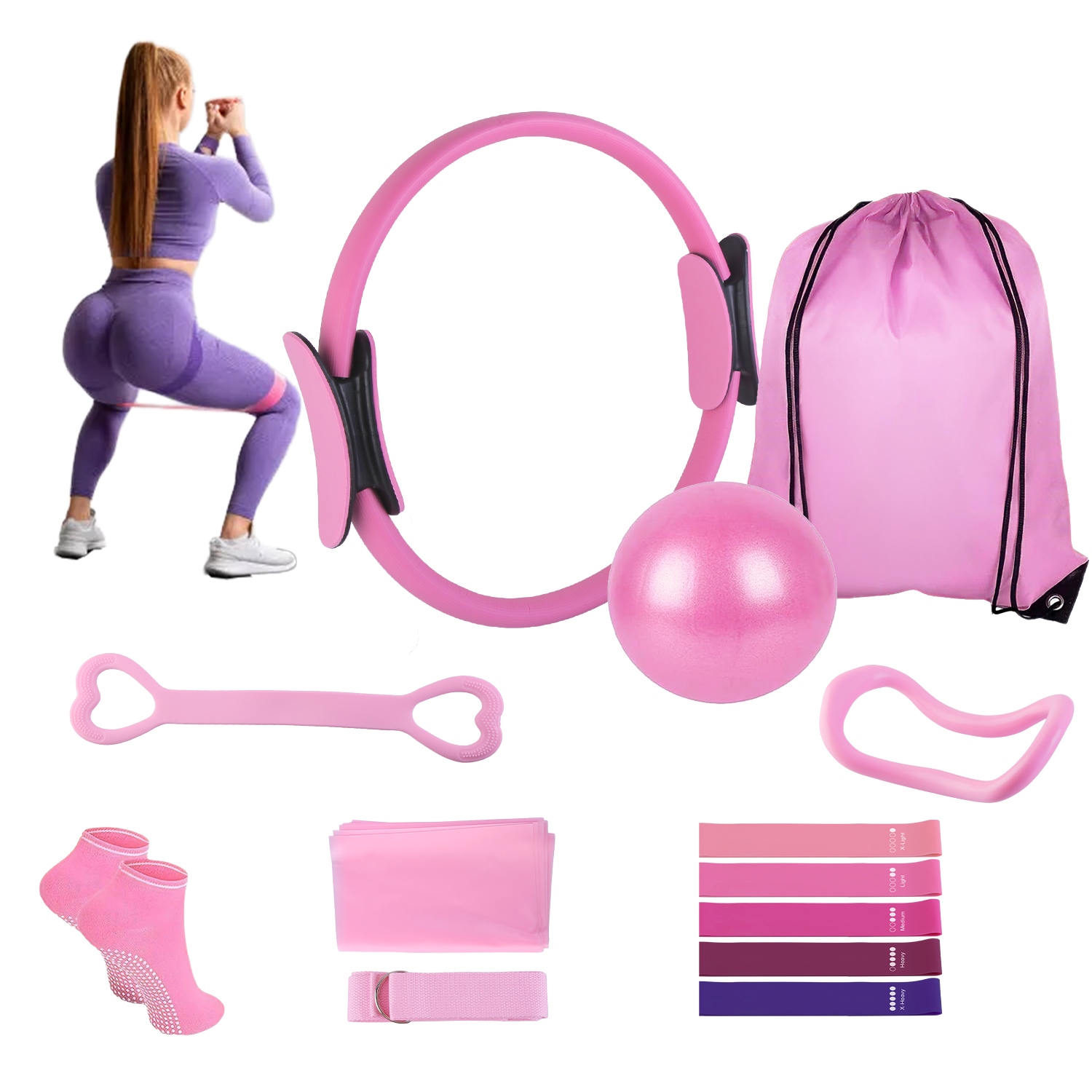 14Pcs Pilates Ring Essentials Kit For Women with Yoga Ball Arm Stretcher 5 Resistant Bands Figure 8 Resistant Band Elastic Band Non-slip Socks Yoga St