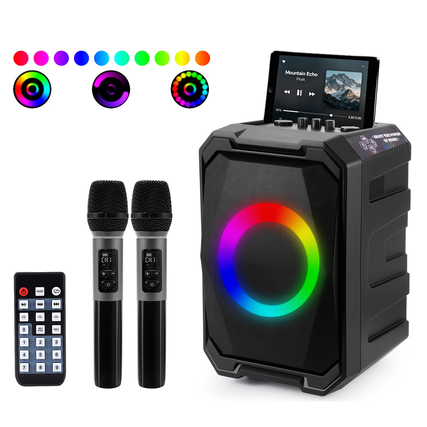 Portable Wireless Party Speaker with LED Light 2 Wireless Mics Remote Control TWS Music Accompany Mic. Priority Bass Echo Mic Treble Guitar In