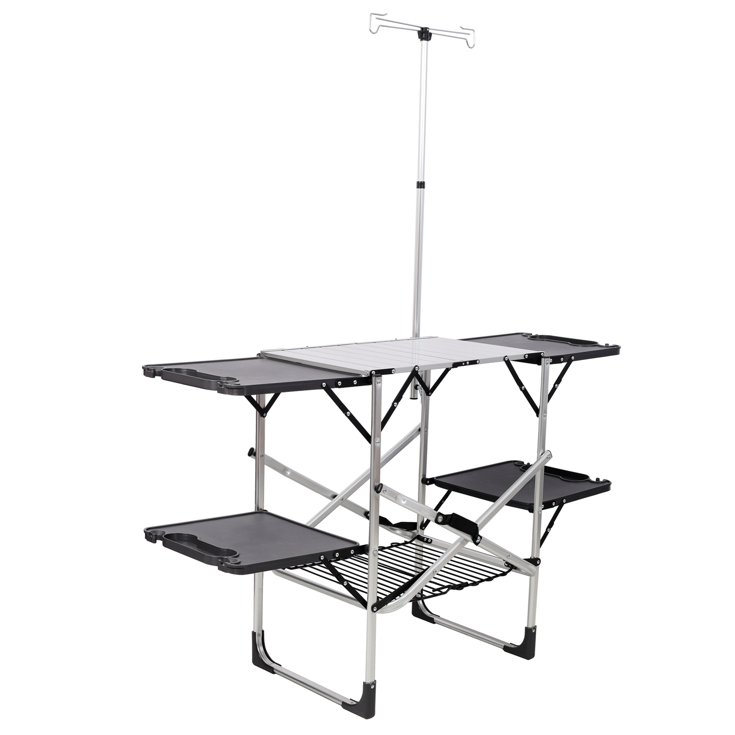 Folding Camping Kitchen Table with Lamp Post, Portable Outdoor Cooking Station with Heat Resistant Top, 4 Side Tables & Lower Storage Rack for Picnic,
