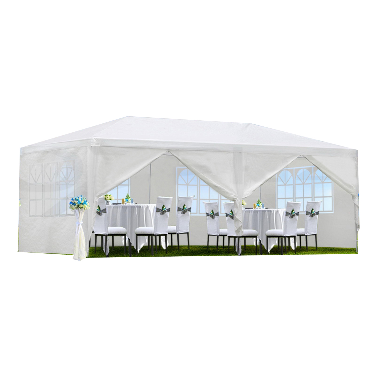 20?L × 10?W × 8.2?H Outdoor Waterproof Canopy Gazebo Patio Party Tent with 4 Window Sidewalls, 2 Zipper Walls for Wedding, Backyard Event & Temporary