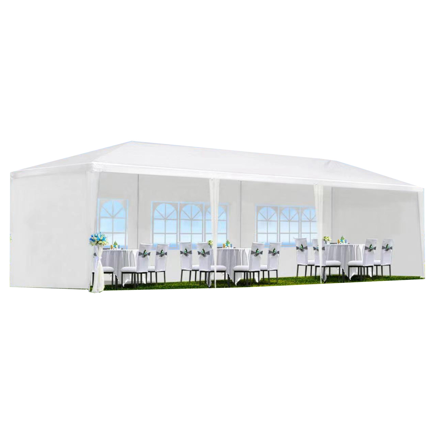 30?L × 10?W × 8.2?H Outdoor Waterproof Canopy Gazebo Patio Party Tent with 3 Window Sidewalls, 2 Zipper Walls for Wedding, Backyard Event & Temporary