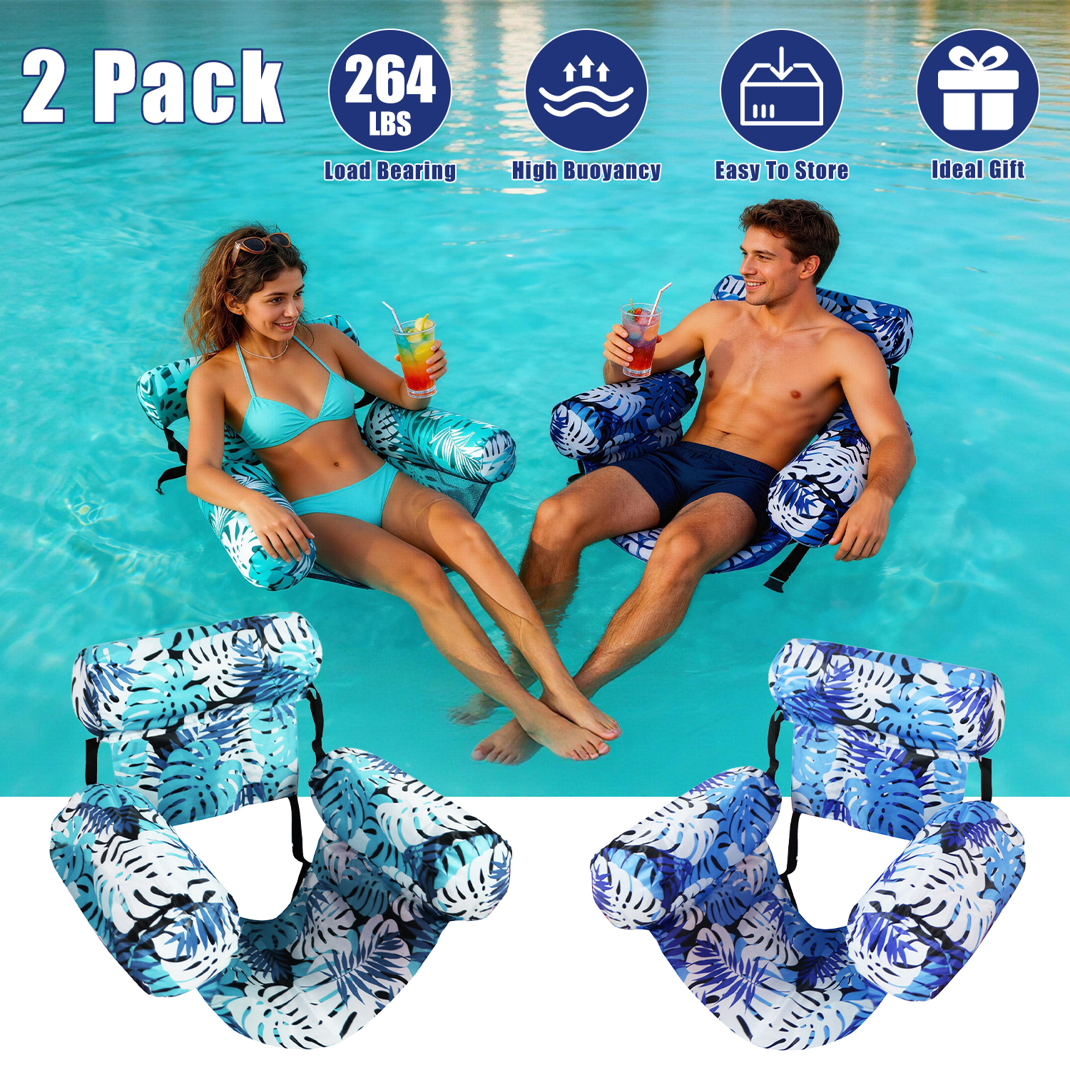 2 Pack Inflatable Pool Floats for Adult Inflatable Hammocks Floating Lounge Chairs for Party Summer Water Beach Lake Fun thumbnail 2