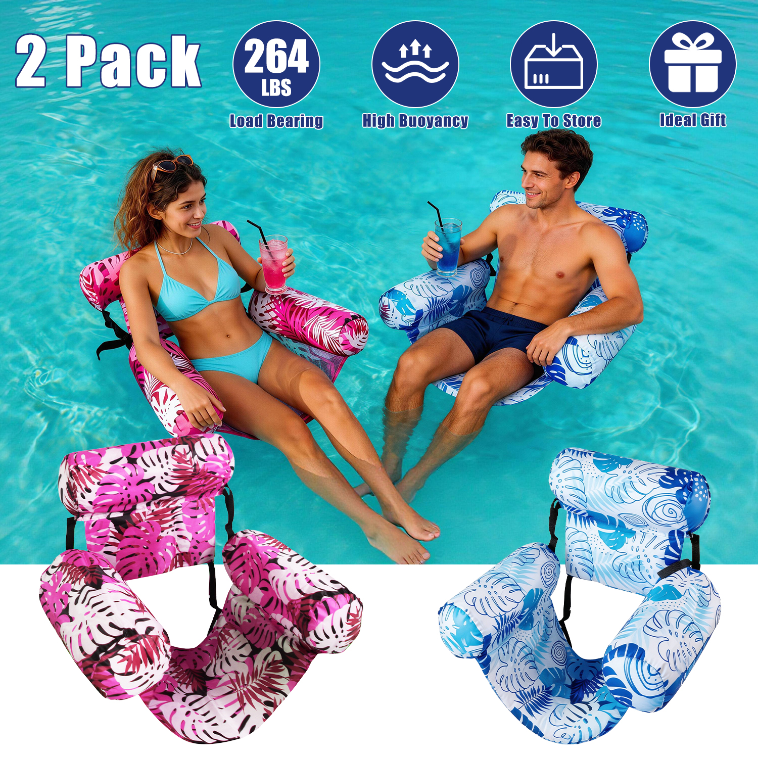 2 Pack Inflatable Pool Floats for Adult Inflatable Hammocks Floating Lounge Chairs for Party Summer Water Beach Lake Fun thumbnail 2