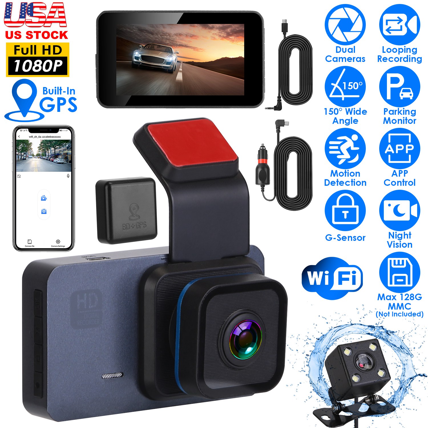 1080P Dual Lens Dash Cam Vehicle Driving Recorder Car DVR with WiFi GPS G-Sensor APP Control Motion Detection Parking Monitor Night Vision thumbnail 2
