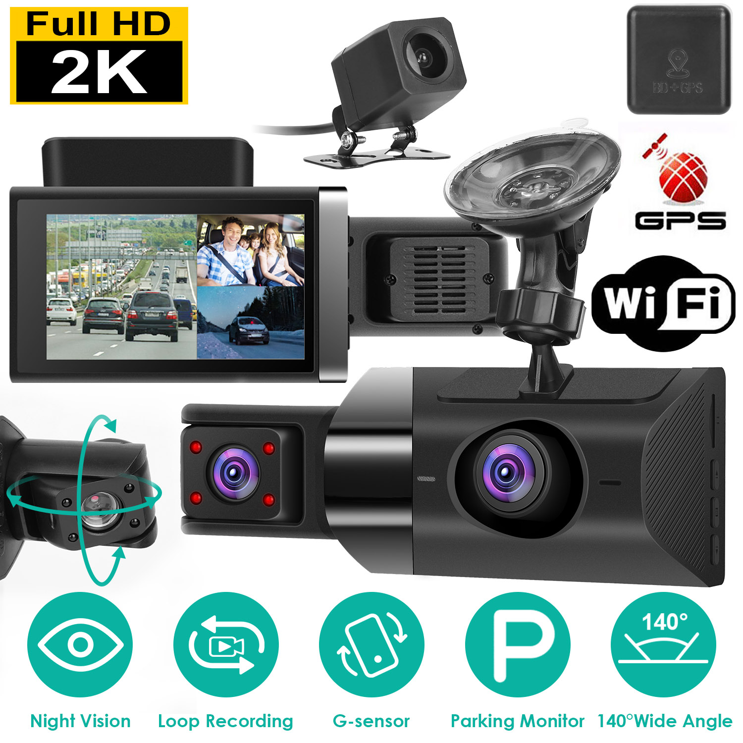 2K Car DVR 3 Channel Dash Cam Camcorder Camera Recorder with 140° Angle GPS WiFi Night Vision G-sensor Loop Recording Parking Monitor thumbnail 2