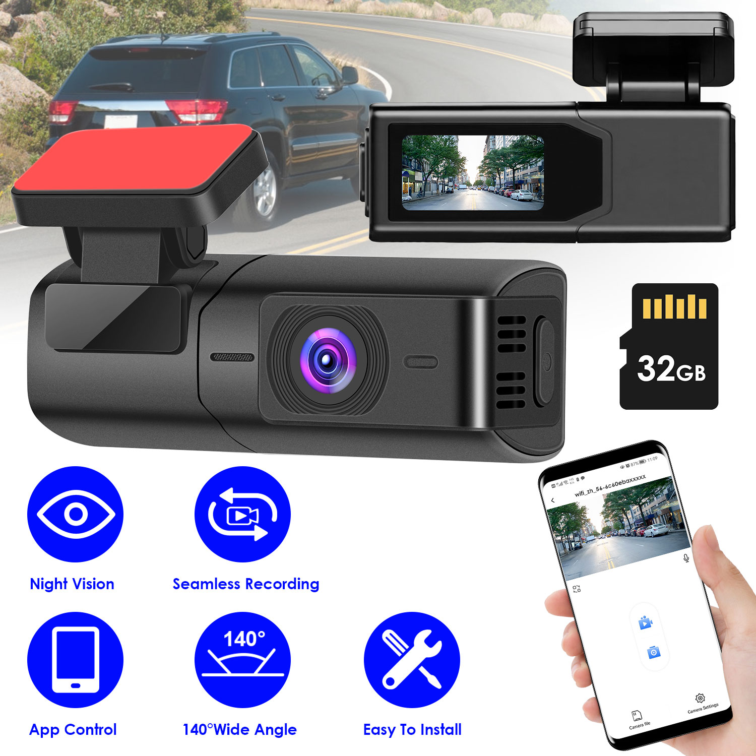 2K HD Front Dash Cam For Car With IPS Screen Night Vision Loop Recording Included 32G Storage Card 140° Wide Angle WiFi App Control Front Dashcam thumbnail 2