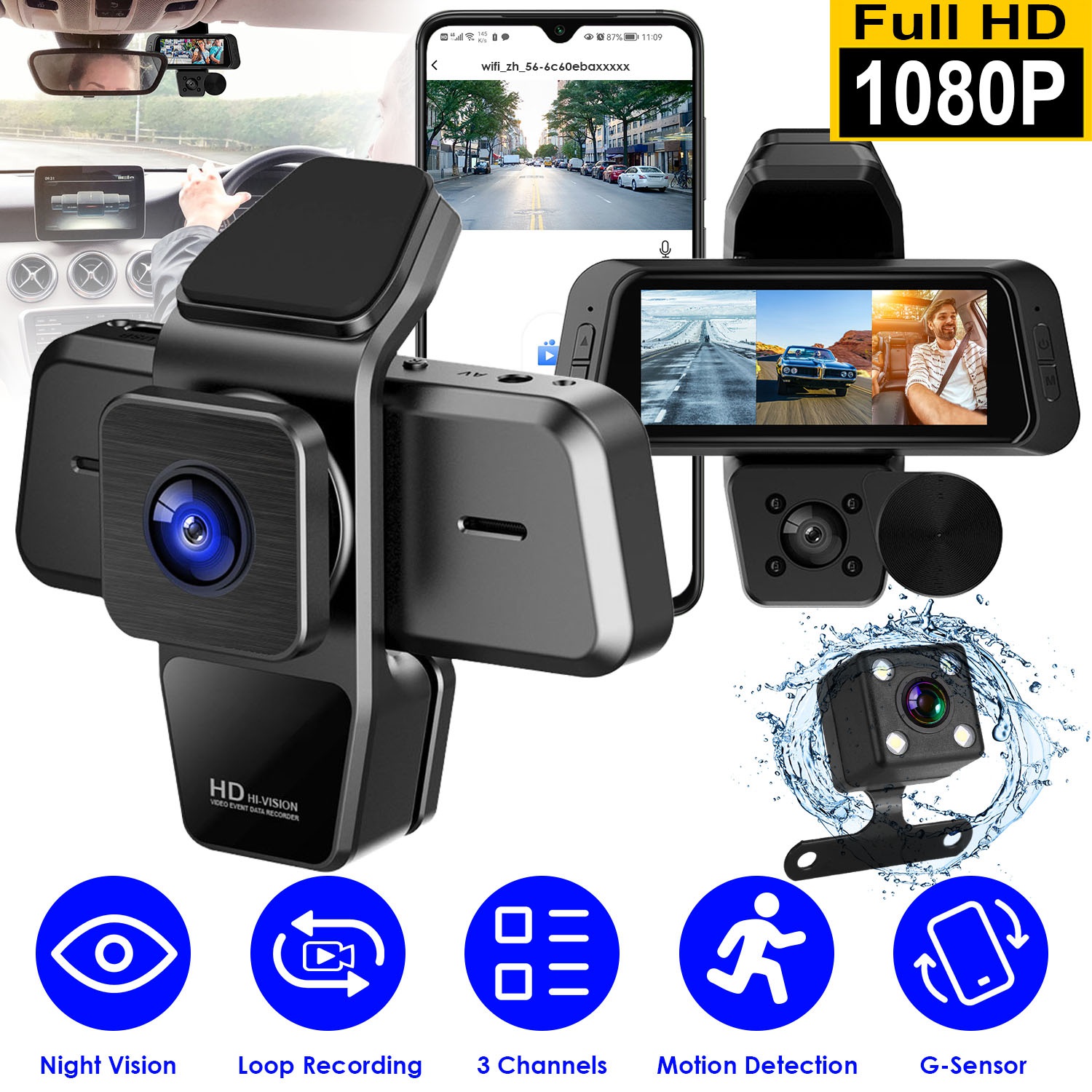1080P FHD 3 Channel WiFi Dash Cam 170° Wide Angle Triple Car Camera With IR Night G-Sensor Motion Detection Loop Recording App Control Support 128G Ma thumbnail 2