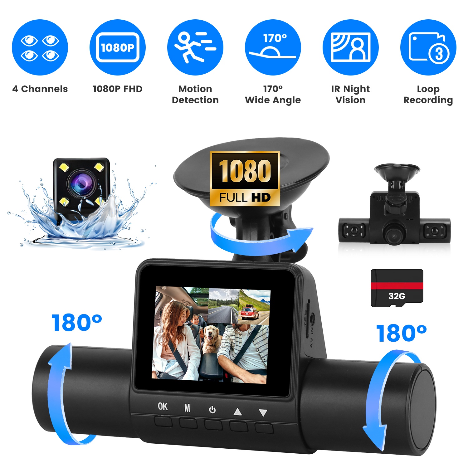 360° View FHD 4 Channel Dash Cam 1080P Front 480P Rear Left Right Inside Dash Camera With IR Night Vision Loop Recording Motion Detection Free 32GB MM thumbnail 2