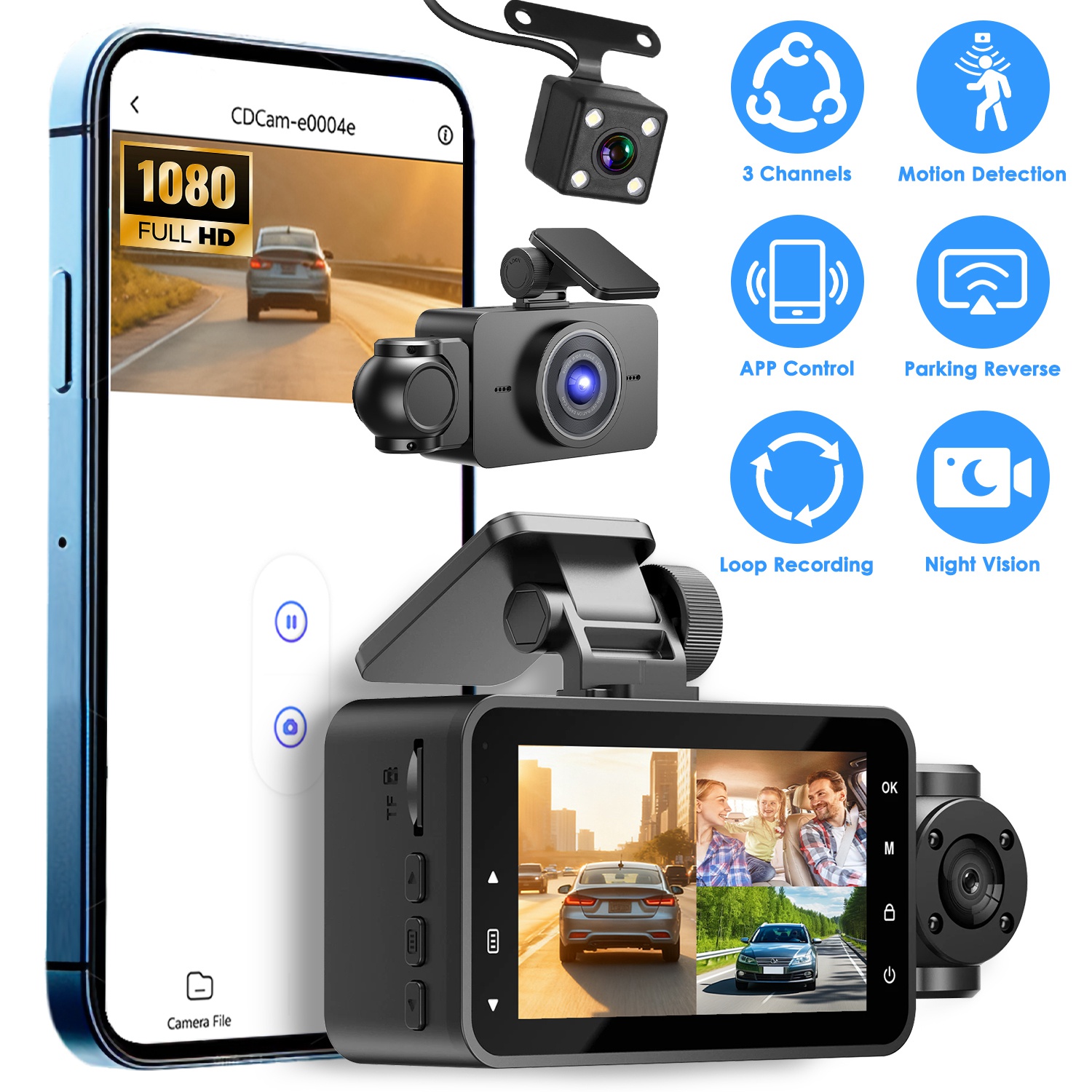 WiFi FHD 1080P 3 Channel Car Dash Cam Front Rear Inside With 32G MMC Card Motion Detection Loop Recording Infrared Night Vision Surveillance Car Camer thumbnail 2