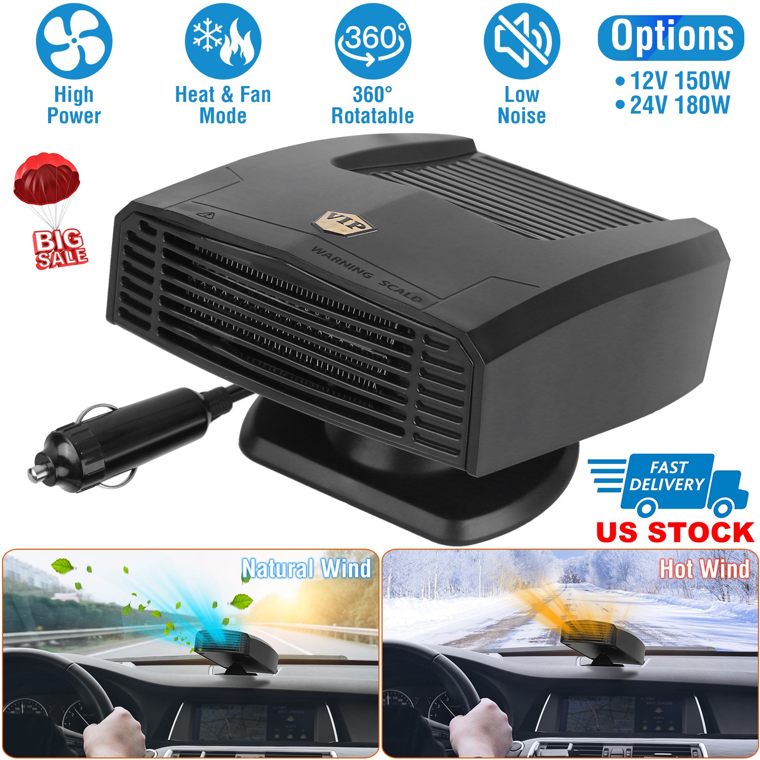 12V 150W Portable Car Heater Heating Fan 2 in 1 Defroster Defogger Demister Windshield Heater Automotive Cooling Fan with 360°Rotating Base thumbnail 2
