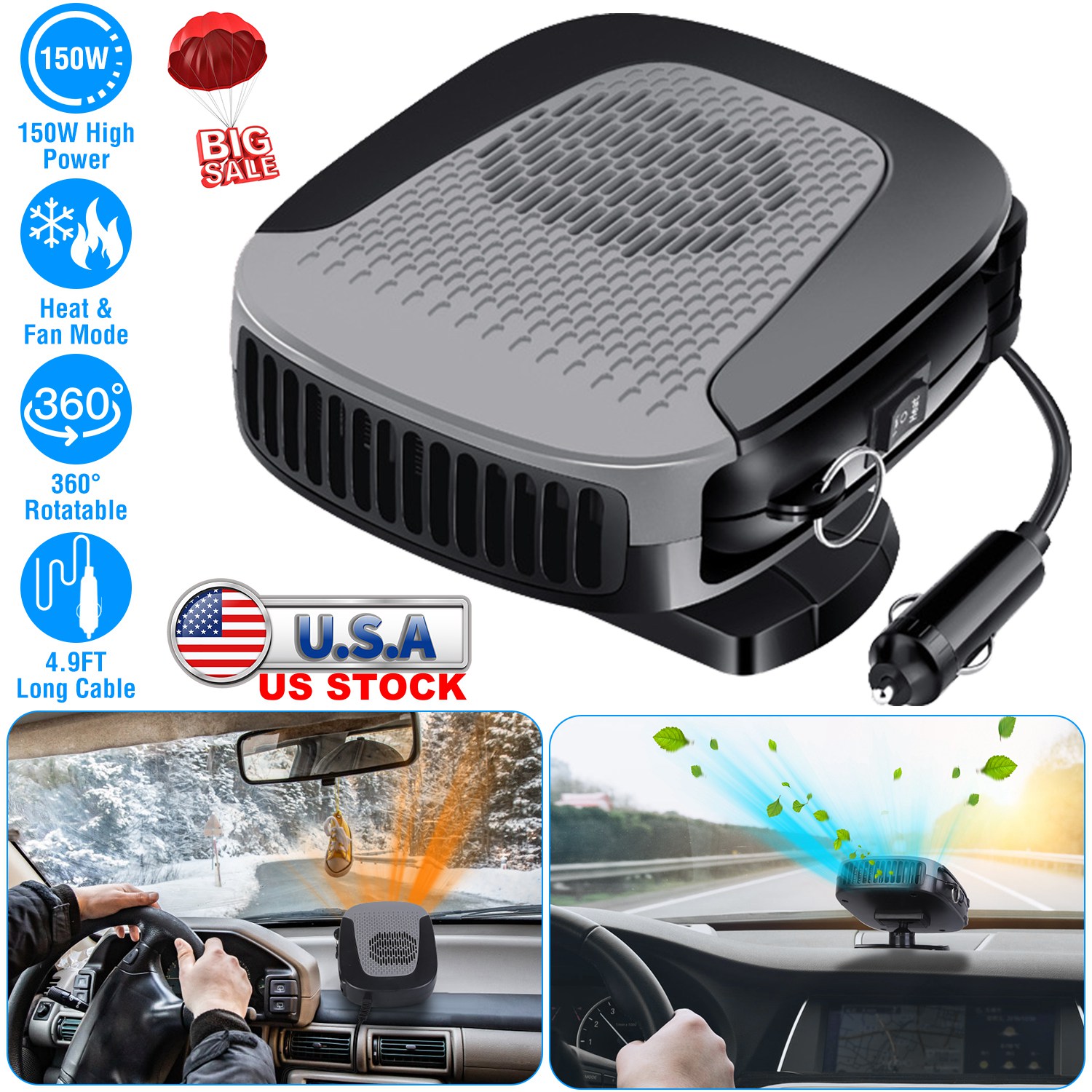 12V 150W Portable Car Auto Heater Heating Fan 2 in 1 Defroster Demister Windshield Heater Automotive Cooling Fan thumbnail 2