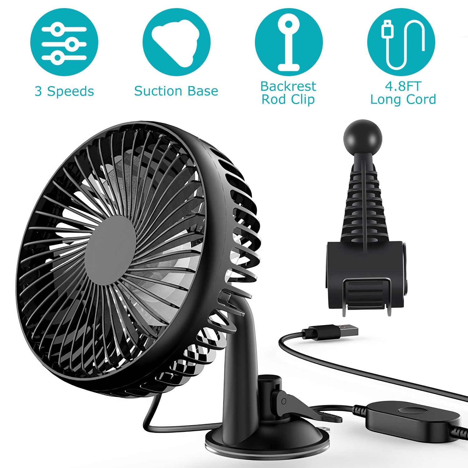 Car Cooling Fan Portable Rotatable USB Vehicle Fan Backseat Clip Fan Dashboard Window Suction Fan for SUV RV Pickup with 3 Speeds thumbnail 2