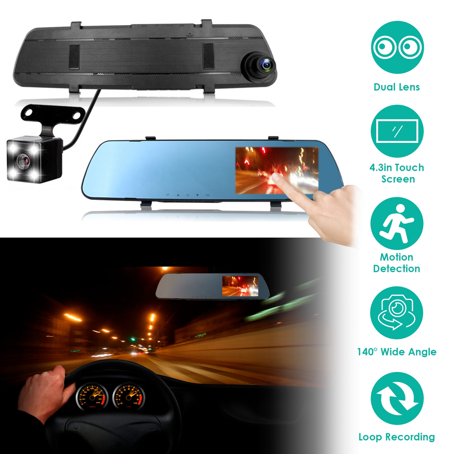 1080P Car DVR 4.3in Camera Dash Cam Camcorder Camera Recorder with 140° Angle Loop Recording Motion Detection Picture-in-Picture Display G-sensor thumbnail 2