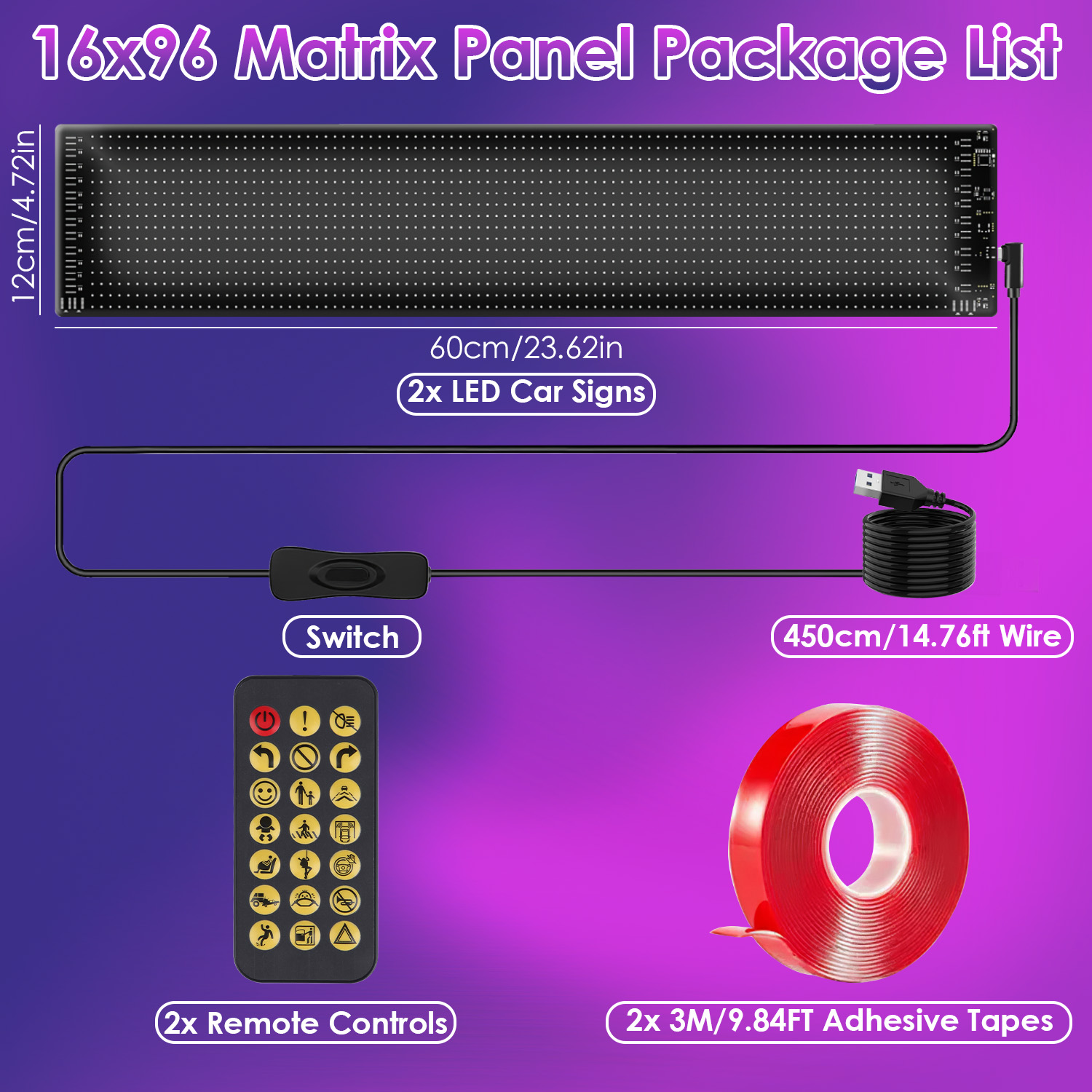 2Pack 16x96 Matrix Devil Eyes Lights For Car Ultra-thin Programmable LED Car Signs with APP Remote Control DIY Design Text Patterns Animations thumbnail 2
