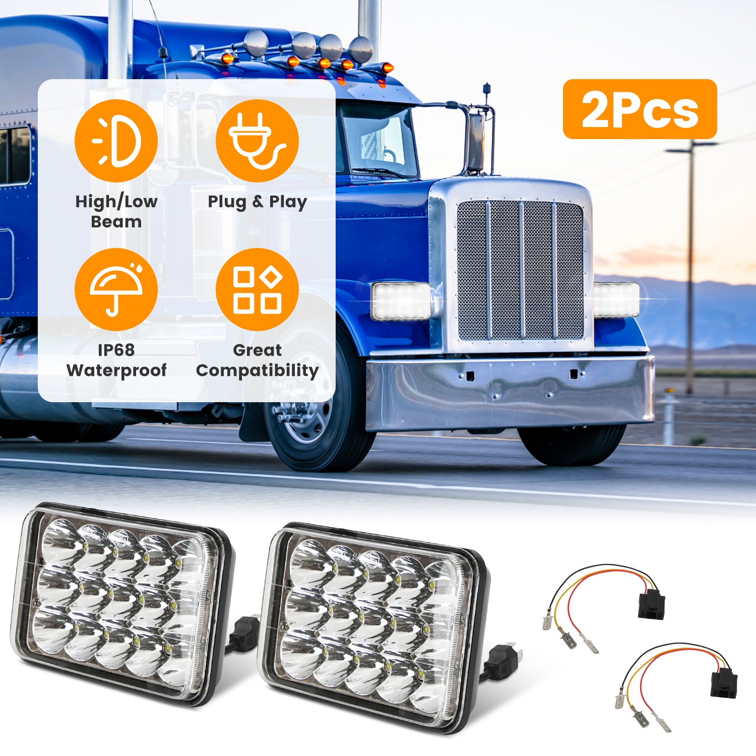 4x6in Car LED Headlights Vehicle Rectangular Headlamp with H4 Socket H4-to-3Pins Adapter with High Low Beam White Light IP68 Waterproof for 10-80V SUV thumbnail 2