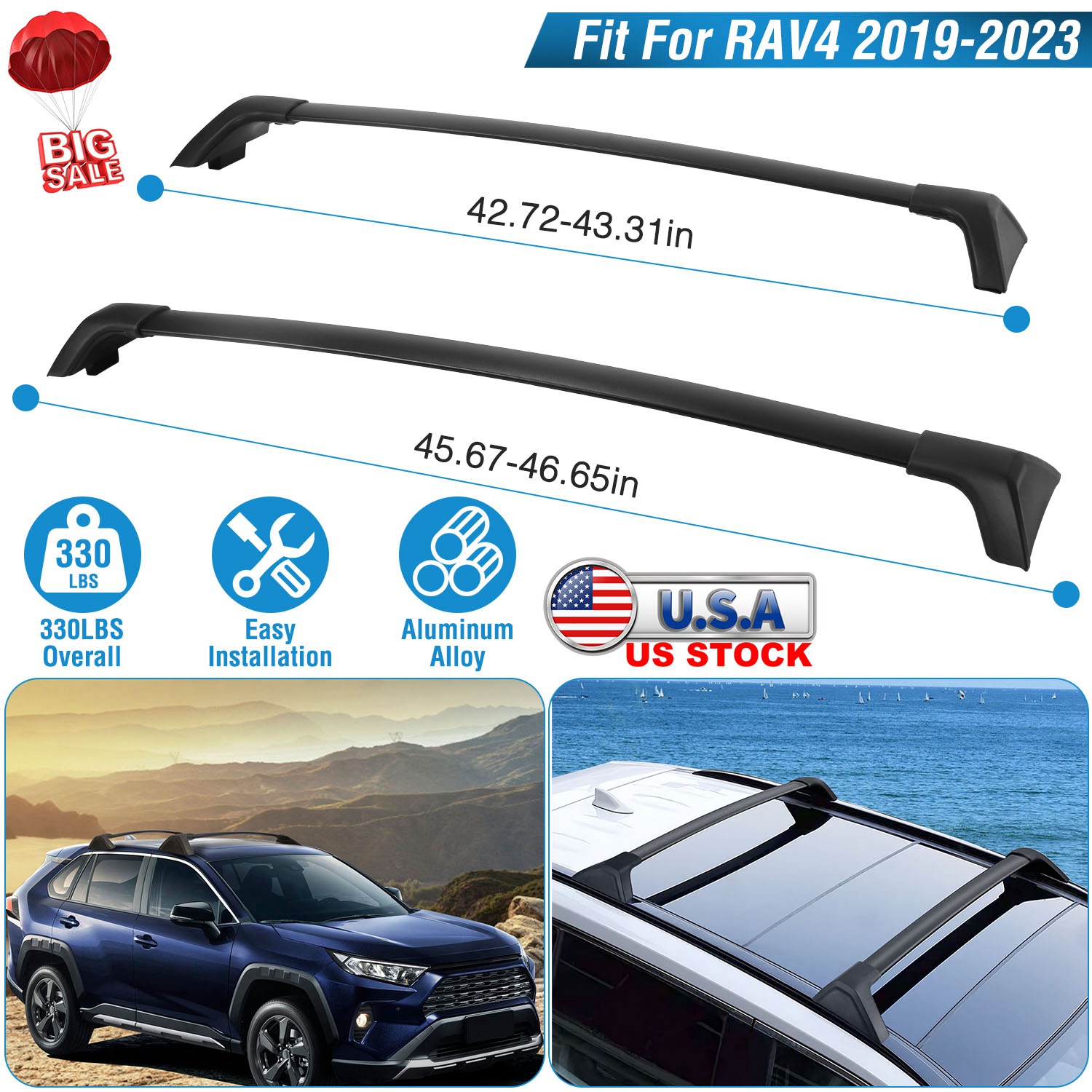 Car Roof Rack Cross Bars Aluminum Alloy Cargo Carrier Rooftop Crossbars Fit for Toyota RAV4 2019-2024 with Side Rails for Cargo Carrier Bag Kayak Bike thumbnail 2