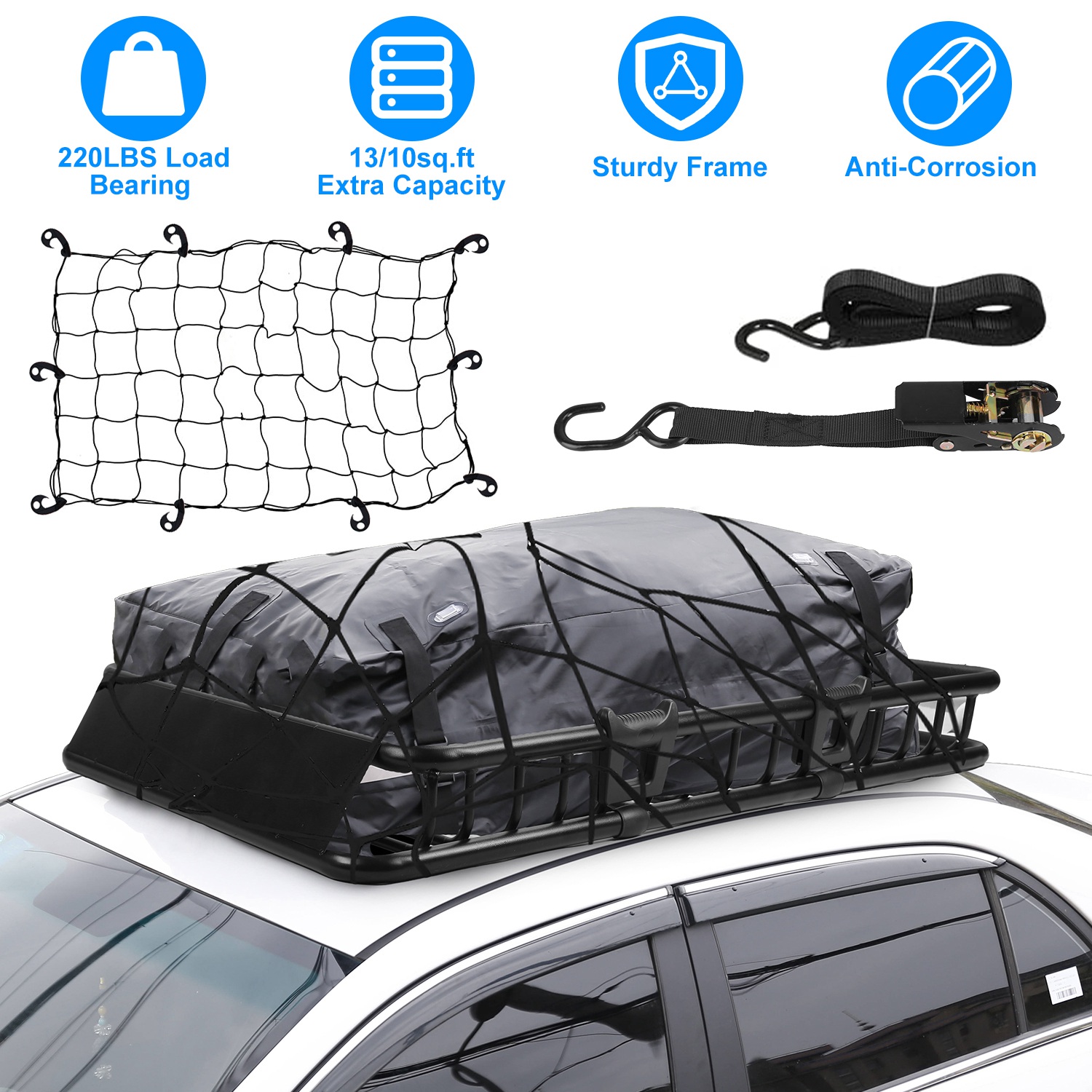 63x39x6.3in Universal Roof Rack Cargo Carrier Car Top Luggage Holder Basket with Hook Strap Elastic Net thumbnail 2