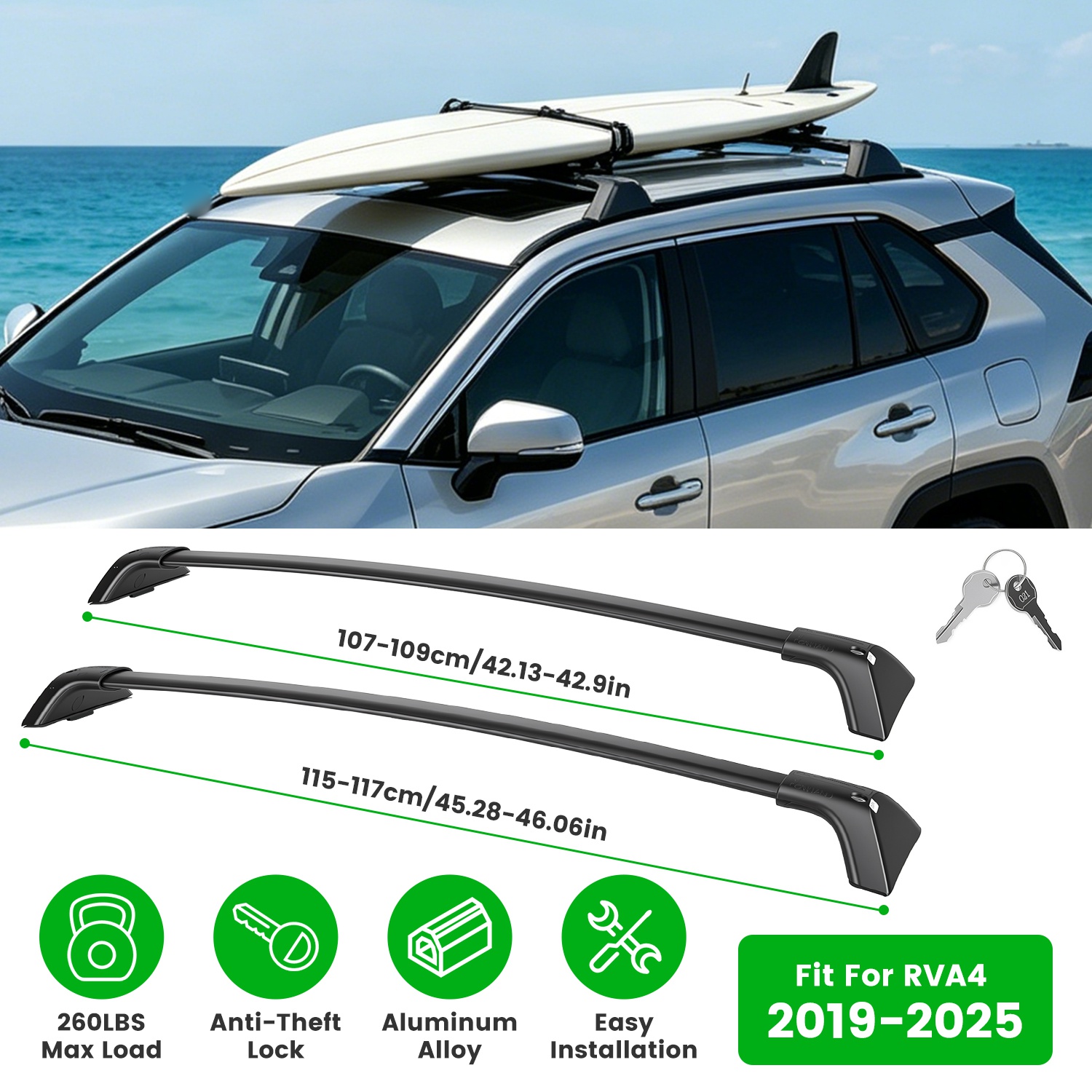 Roof Rack Cross Bars for Fit Toyota RAV4 2019-2025 Aluminum Roof Rails Cargo Crossbars for Flush Side Rails Heavy Duty Rooftop Carrier Anti-Theft Lock thumbnail 2