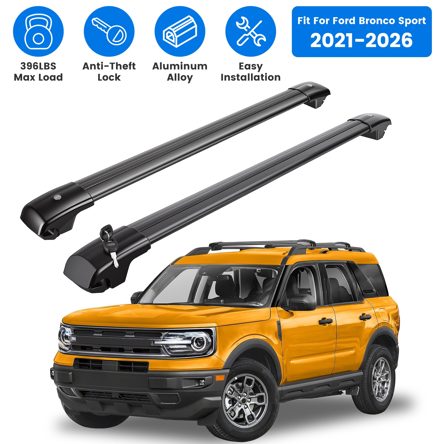 Roof Rack Cross Bars Fit for Ford Bronco Sport 2021-2026 On-Road Off-Road Aluminum Lockable Car Roof Crossbar Set for Factory Raised Side Rails 396LBS thumbnail 2