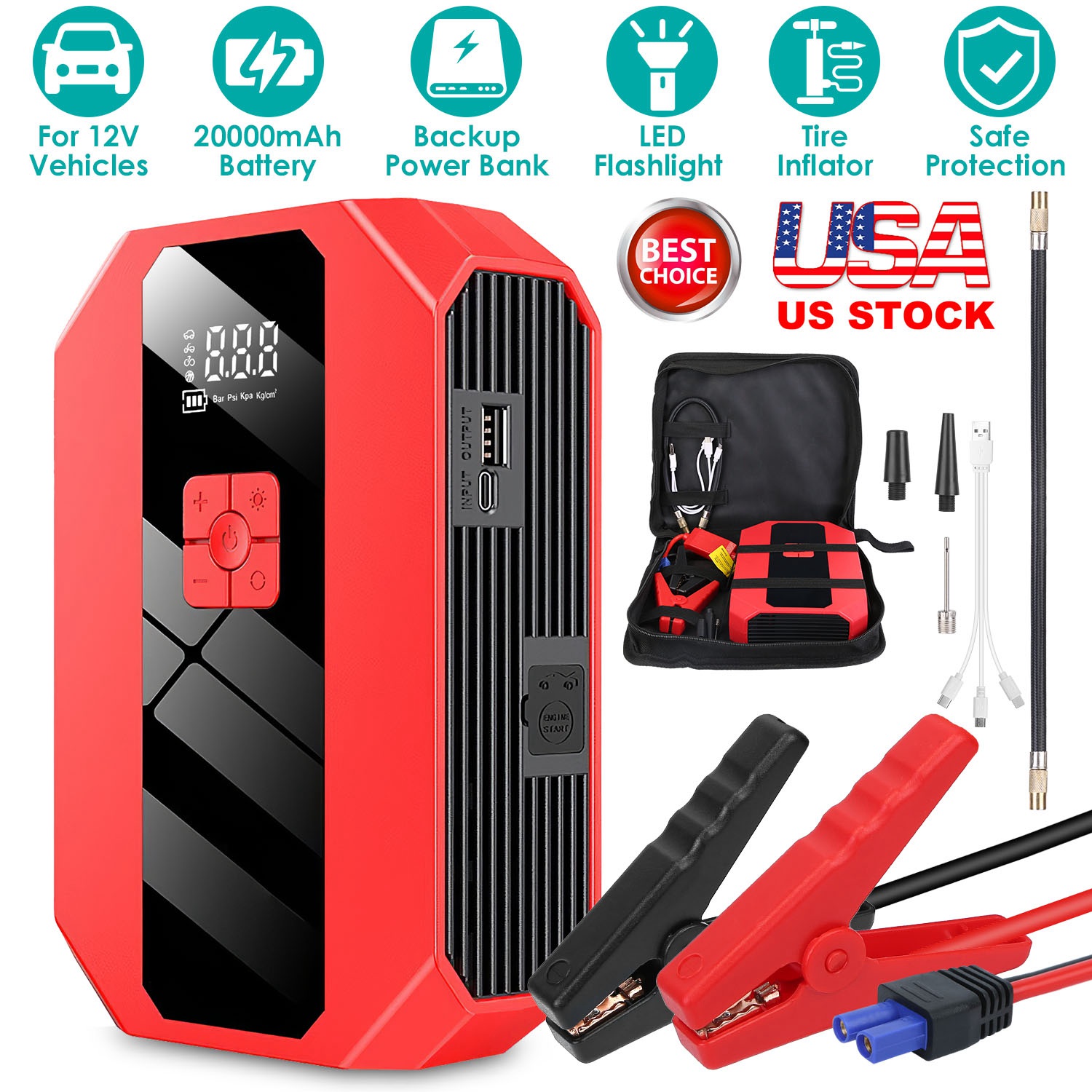 Portable Car Jump Starter Air Compressor 1500A 400PSI Car Battery Charger Jump Starter Power Bank LED Flashlight Digital Tire Inflator for 4.0L Gasoli thumbnail 2