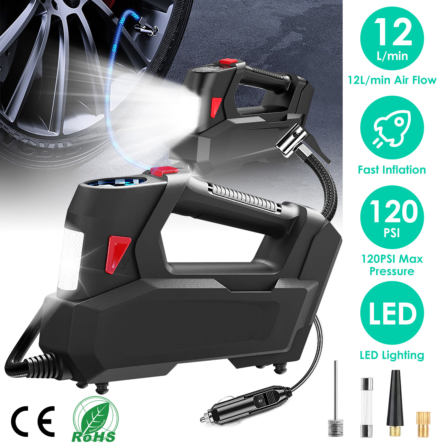 Portable Tire Inflator 120 PSI Maximum 90W Powered Tire Pump with Digital Display LED Light Inflatable Nozzle Needle Fuse Air Compressor for Bikes Mot thumbnail 2