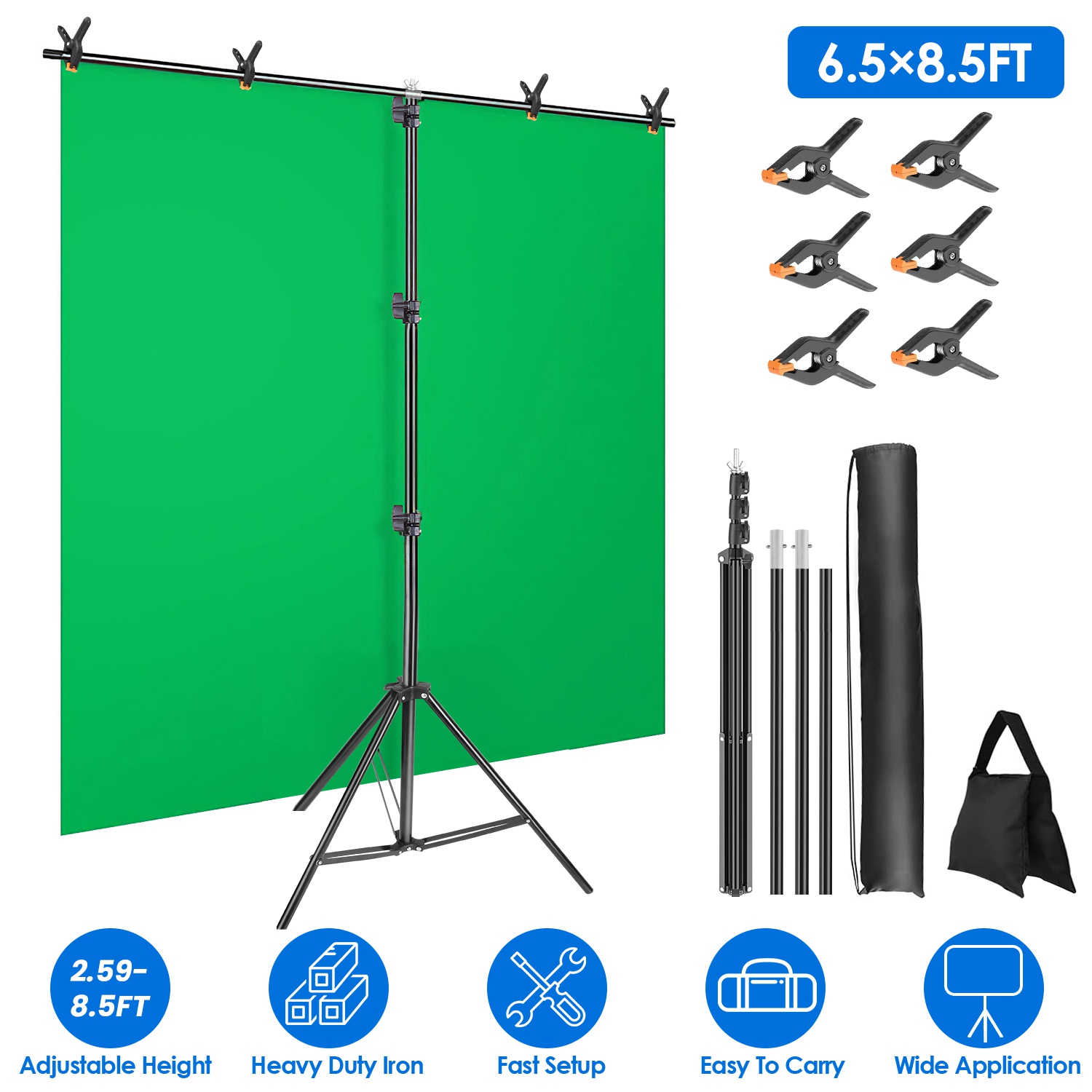 6.5×8.5FT T-Shape Photo Video Backdrop Stand Heavy Duty Background Stand Adjustable Photography Backdrop Stand with 6 Spring Clamps Sandbag Carry Bag thumbnail 2