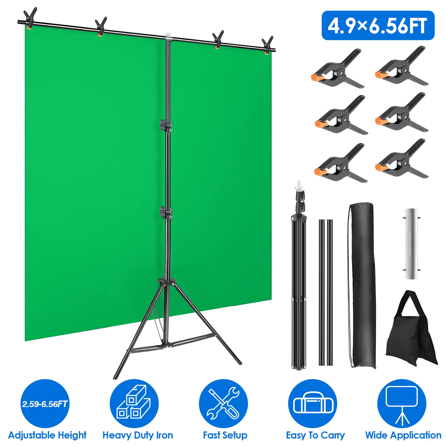 5×6.5FT T-Shape Photo Video Backdrop Stand Heavy Duty Background Stand Adjustable Photography Backdrop Stand with 6 Spring Clamps Sandbag Carry Bag fo thumbnail 2