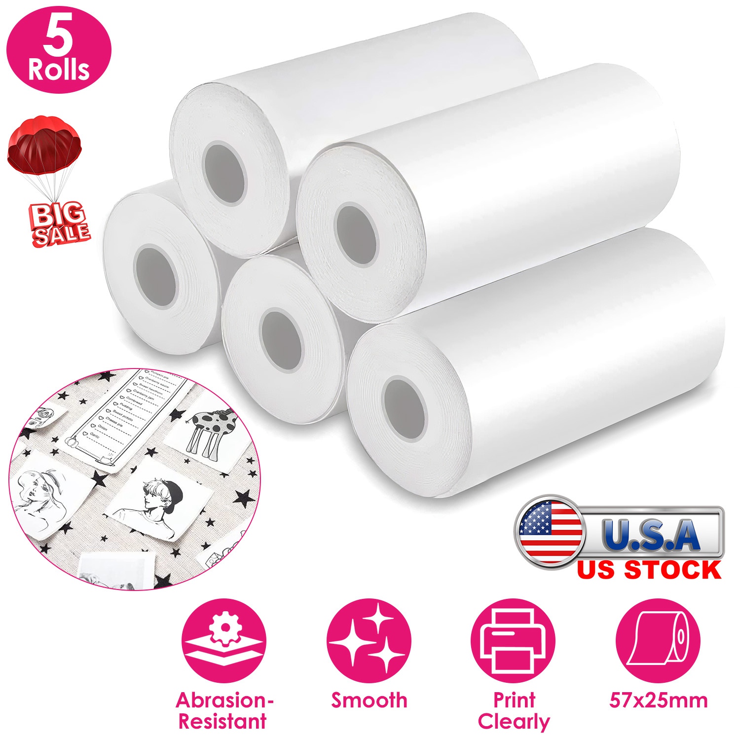 5 Rolls Regular Printer Paper Plate Mini Thermal Printing Paper White Mini Printer Photo Paper Fit for Wireless Thermal Mini Printer 57x25mm thumbnail 2