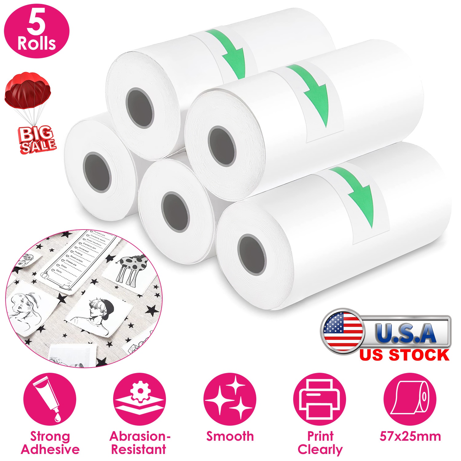 5 Rolls Self Adhesive Printer Paper Thermal Mini Printer Paper White Mini Printer Photo Paper Fit for Wireless Thermal Mini Printer 57x25mm thumbnail 2