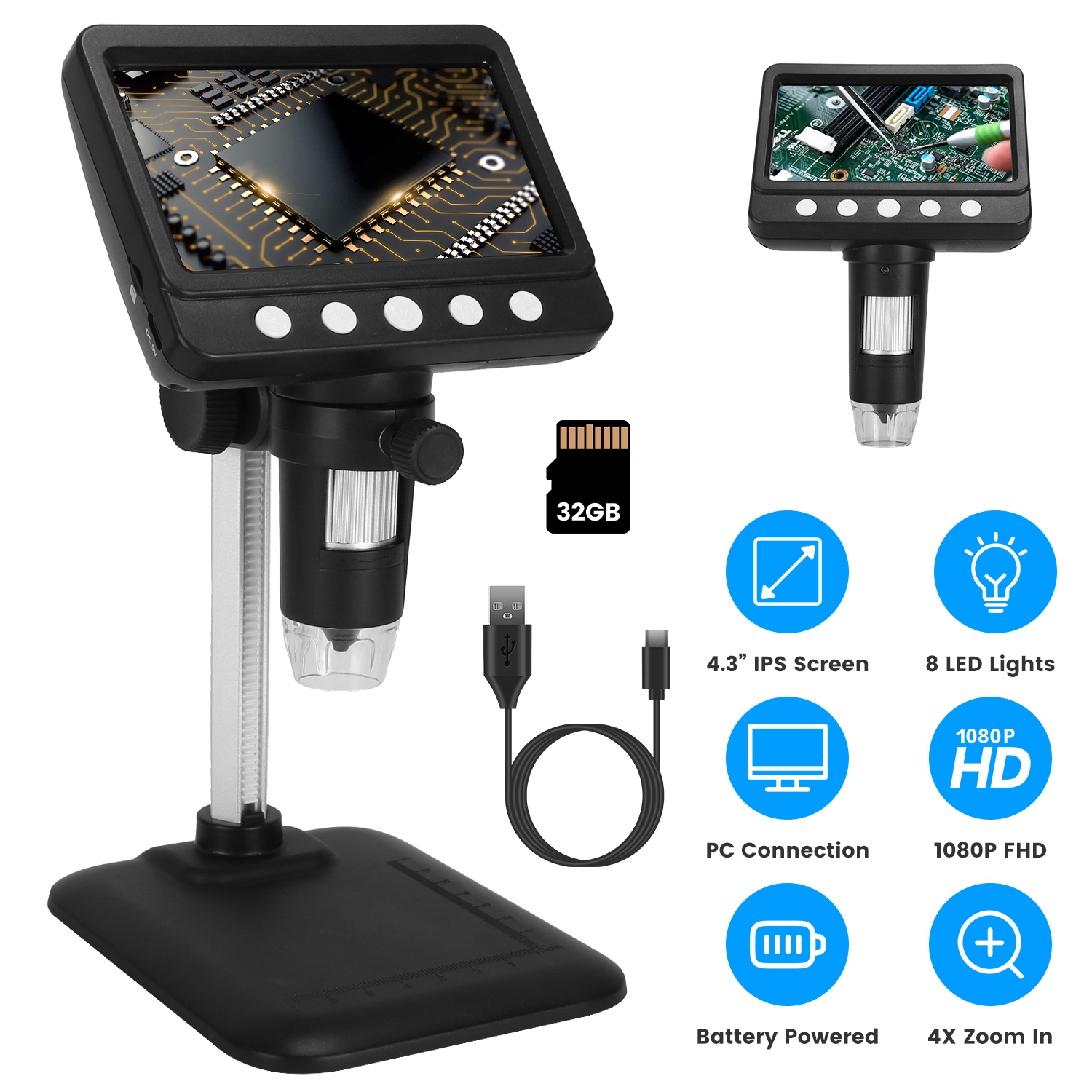 4.3Inch LCD Digital Microscope 1000X 1080P Photo Video Error Coin Magnifier with 8 Dimmable LED Lights PC Views Compatible with MacOS Windows Included thumbnail 2