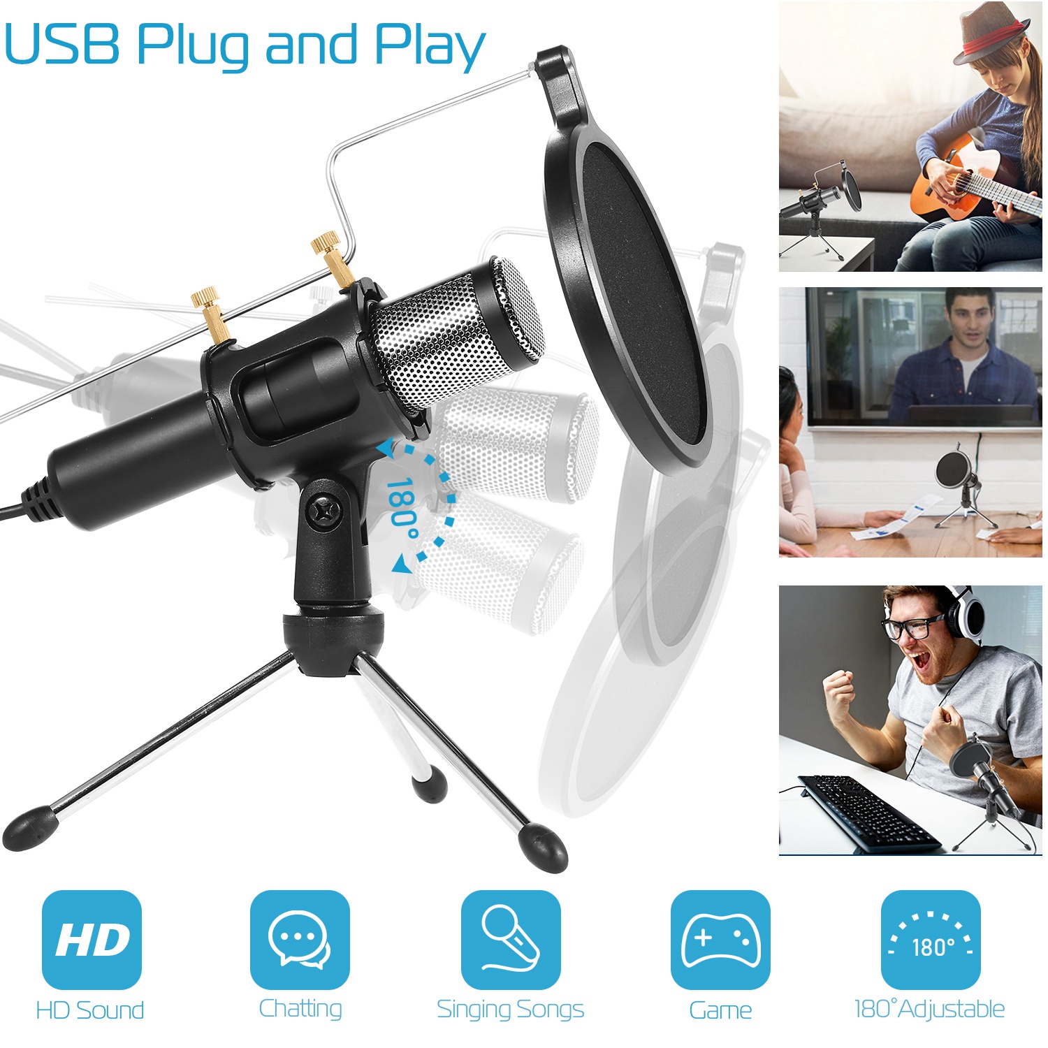 Professional Condenser Microphone Studio Recording Cardioid Microphone w/180° Tripods Pop Filter USB Plug for Podcasting Gaming Chatting thumbnail 2