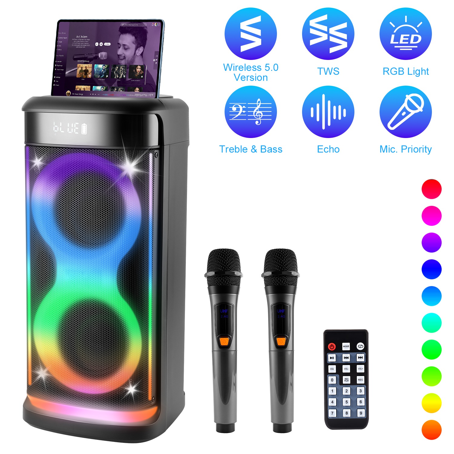 Portable Wireless Party Speaker with LED Light Wireless Mic Remote Control TWS Treble Bass Mic. Echo Music Accompany Mic. Priority Guitar In thumbnail 2