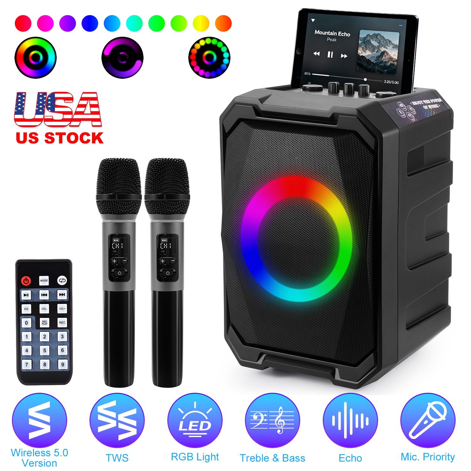 Portable Wireless Party Speaker with LED Light 2 Wireless Mics Remote Control TWS Music Accompany Mic. Priority Bass Echo Mic Treble Guitar In thumbnail 2