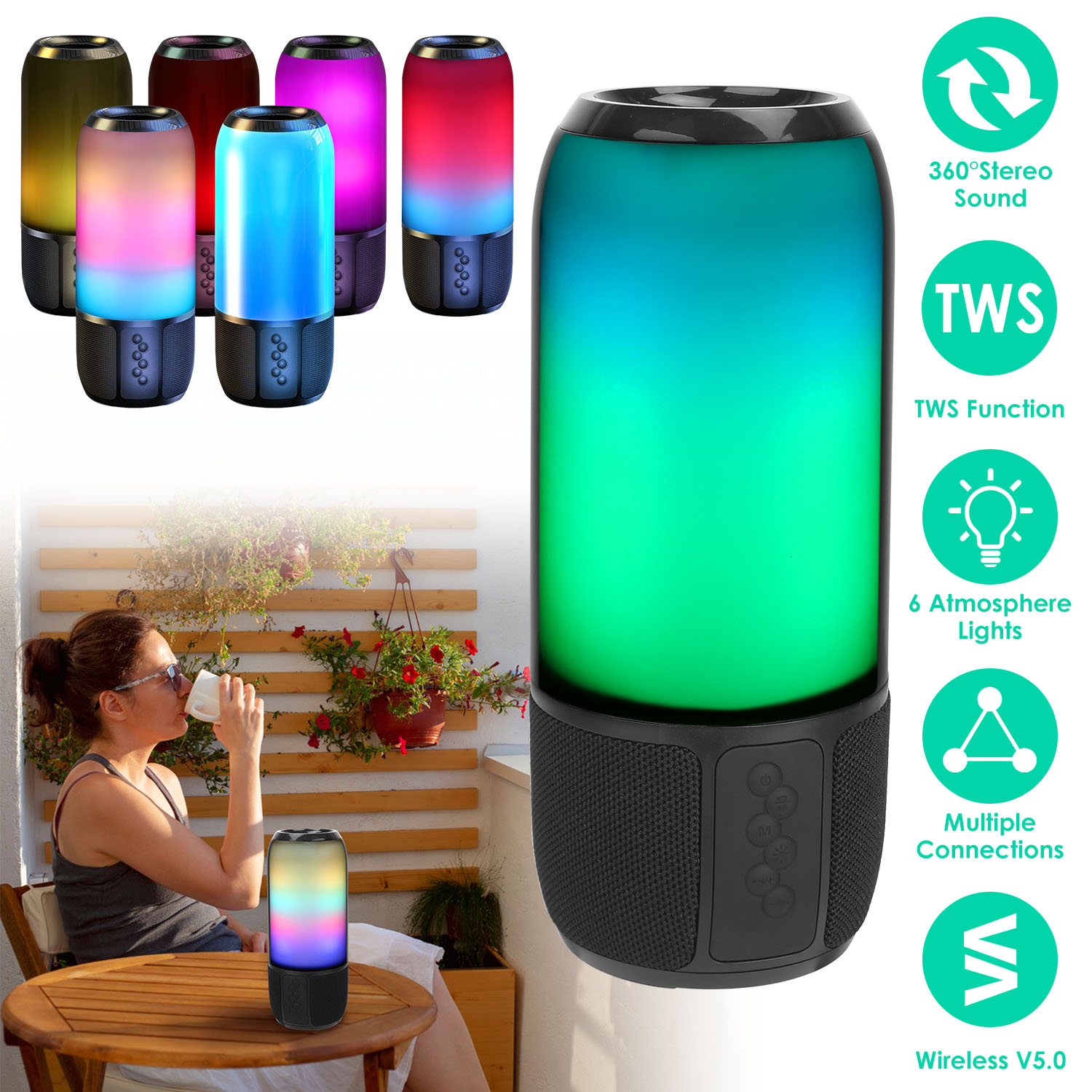 Wireless Portable Speaker Loud Stereo Speaker with 6 Color Changing Lights Radio Party TWS Speaker for Home Outdoor Travelling thumbnail 2