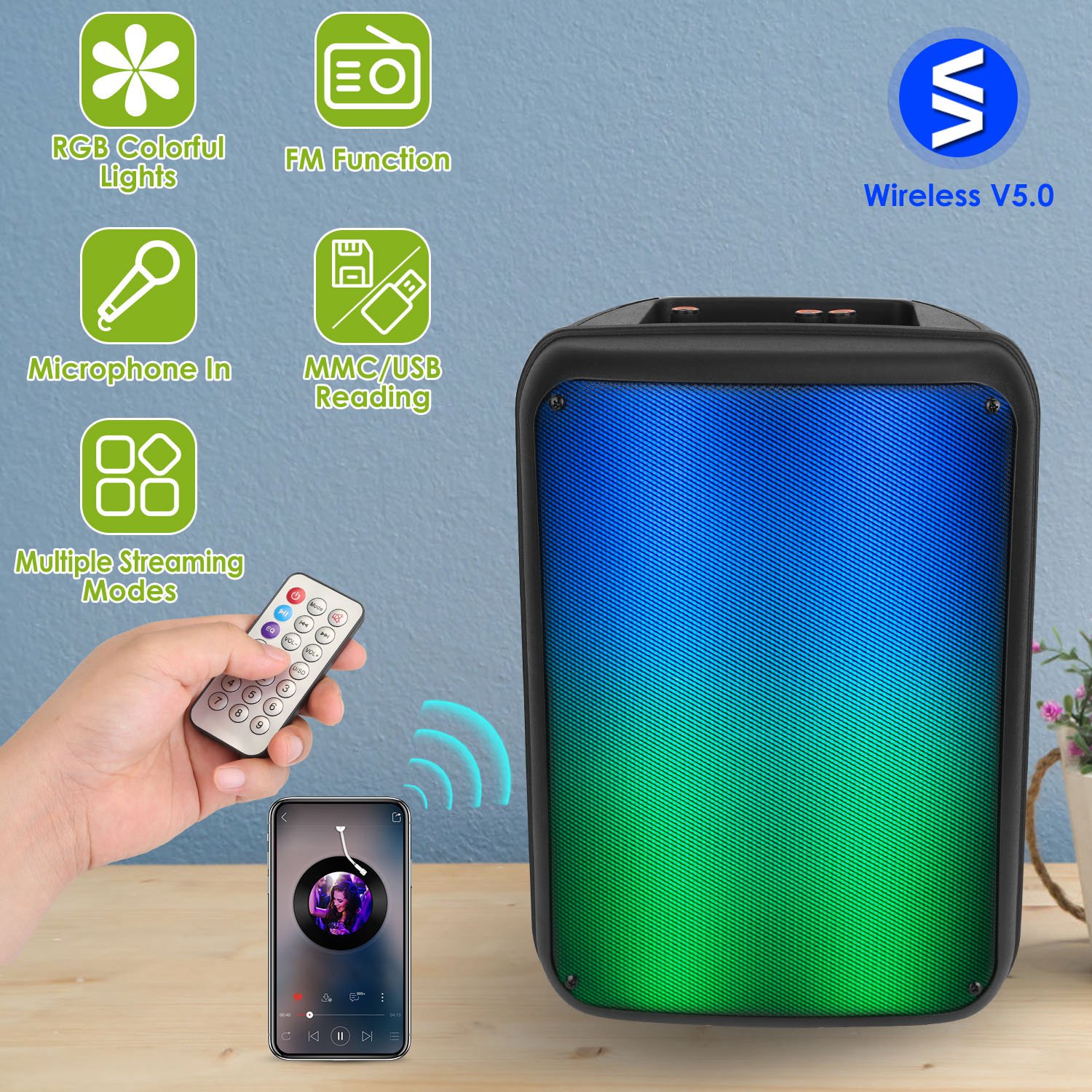 Portable Wireless Party Speaker 8in Colorful Lights DJ PA System with TWS Function FM Radio USB MMC Card Reading Aux In Recording Function Mic thumbnail 2