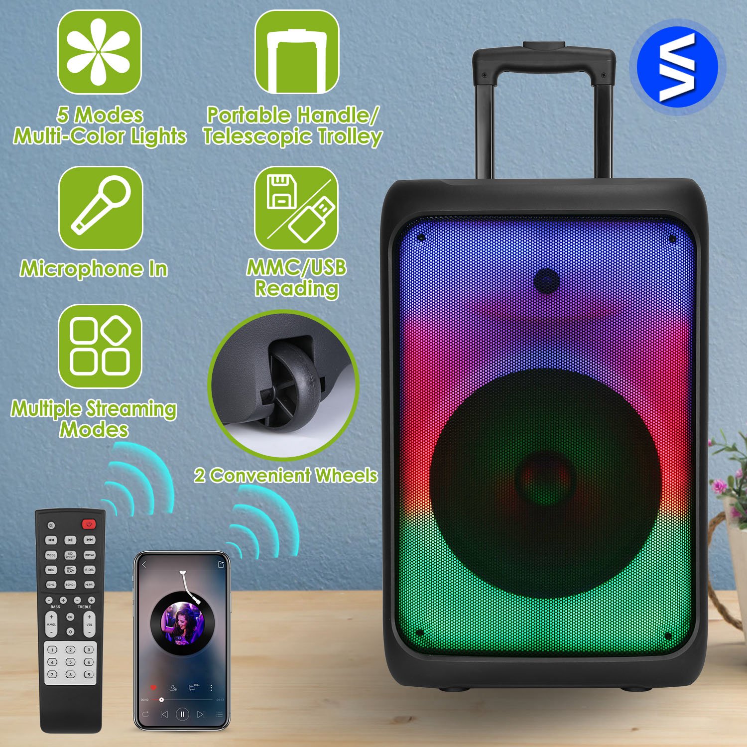 Portable Wireless Party Speaker Party Speaker with with 5 Colorful Lighting Modes TWS FM USB MMC Slot Aux In Recording Mic Priority Trolley Handle 2 W thumbnail 2