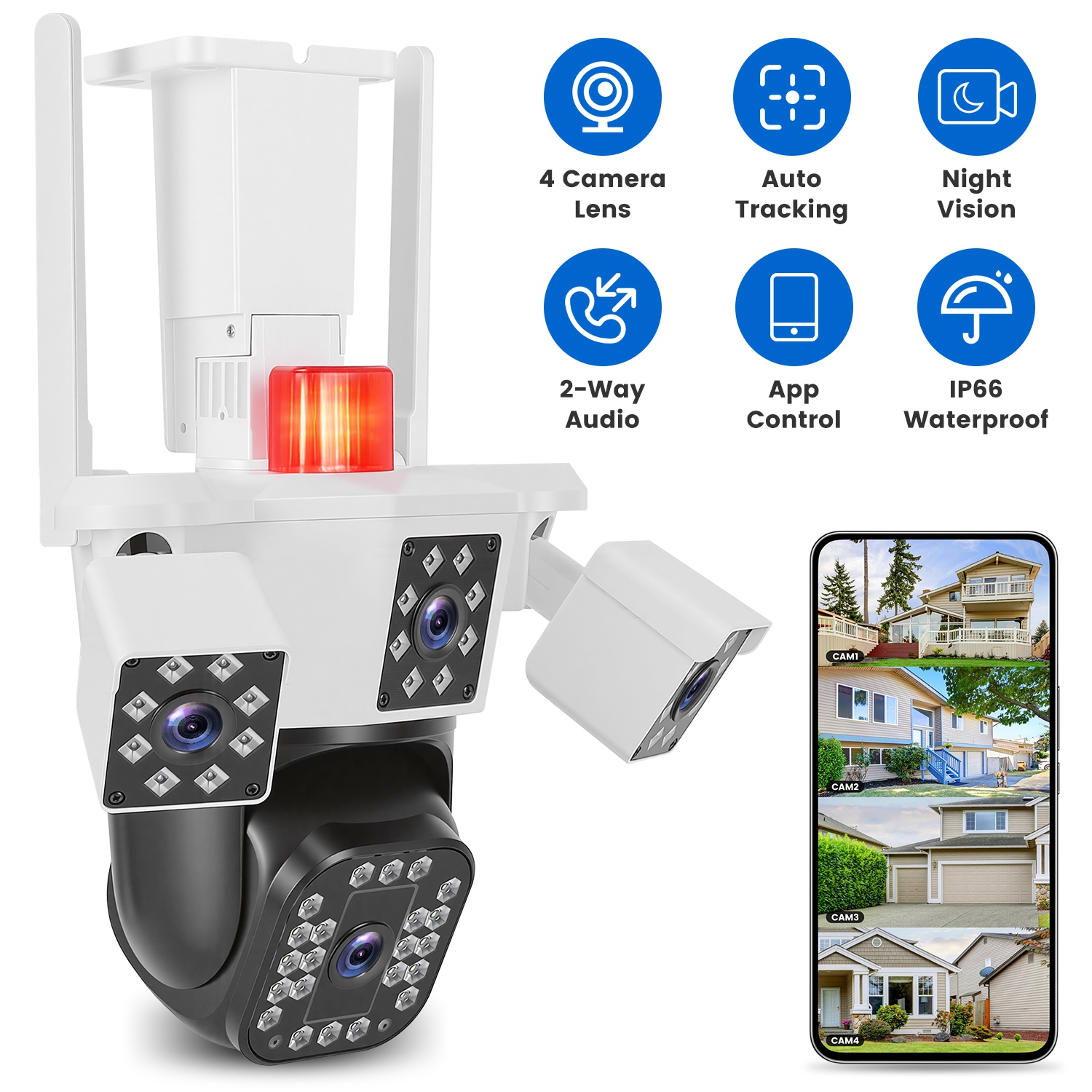 1080P HD 4-Lens Security Camera 360° View WiFi Pan & Tilt Surveillance Camera With Full Color Night Vision Auto Motion Tracking 2-Way Audio Spotlights thumbnail 2