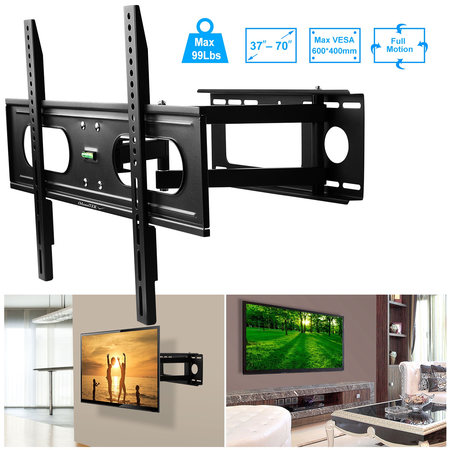 Full Motion TV Wall Mount Swivel Tilt TV Wall Rack Support 37-70 TV Wall Mount Max VESA Up To 600x400mm Holds Up To 99LBS thumbnail 2