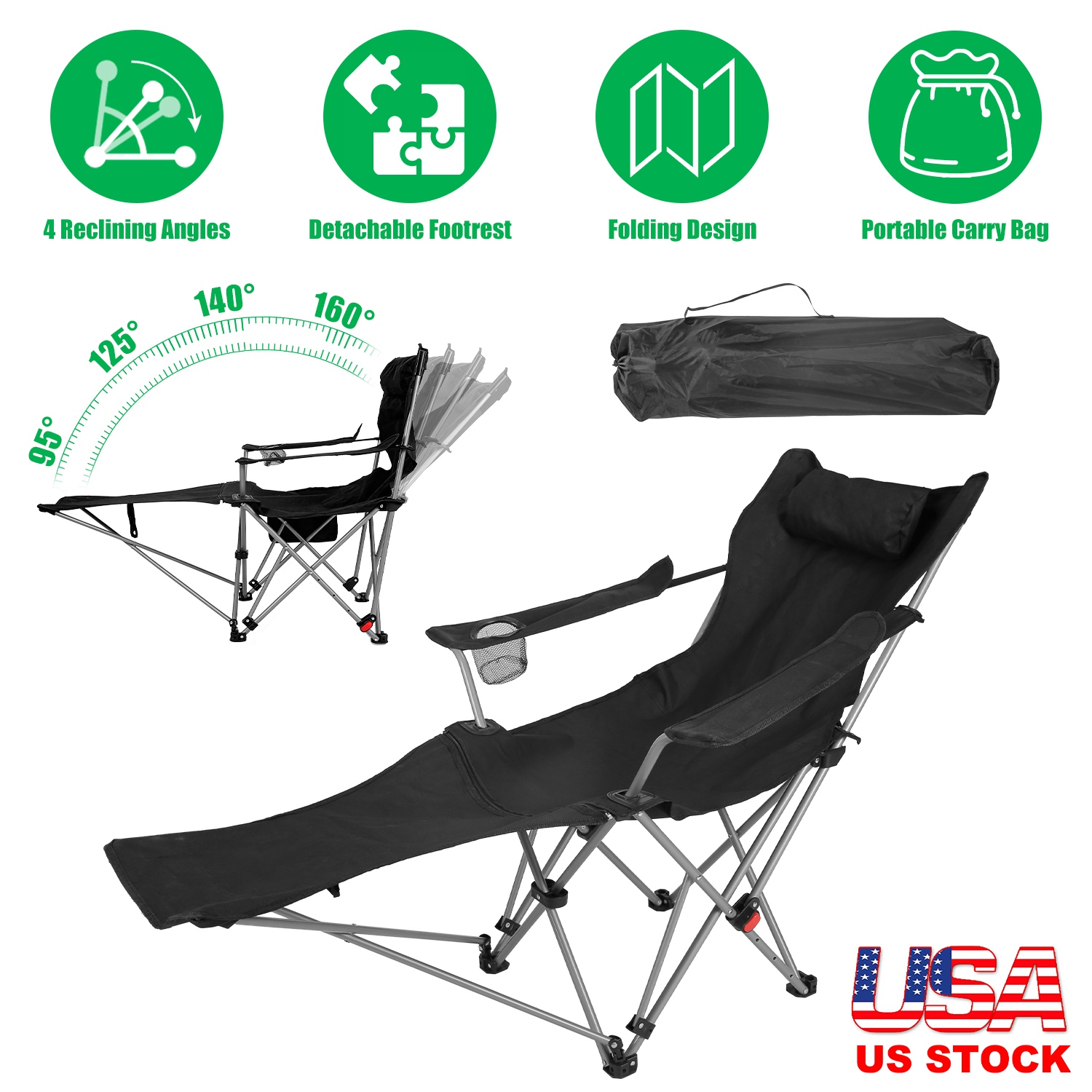 Reclining Camping Chair with Footrest 4-Position Adjustable Outdoor Folding Chair Heavy Duty Portable Camping Lounge Chair with Headrest Cup Holder & thumbnail 2