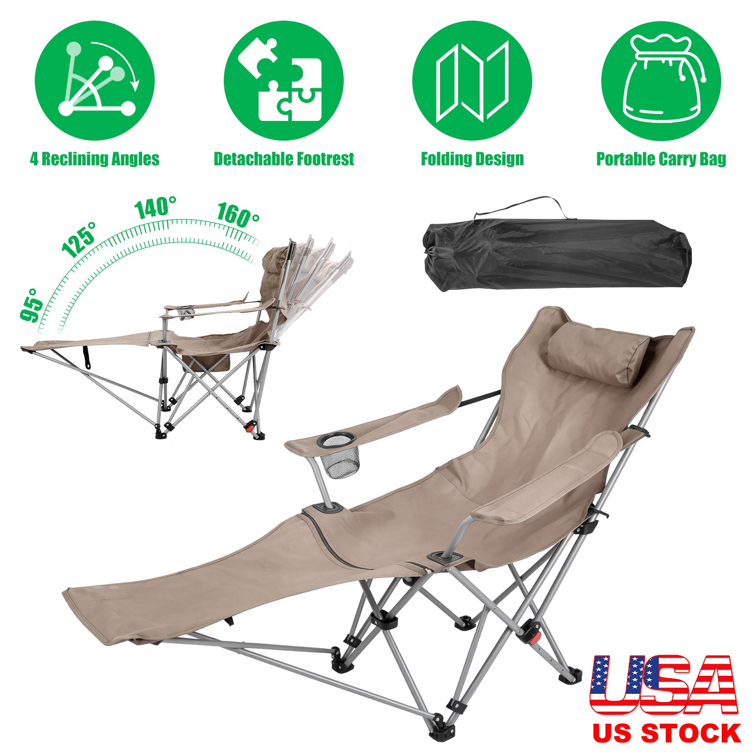 Reclining Camping Chair with Footrest 4-Position Adjustable Outdoor Folding Chair Heavy Duty Portable Camping Lounge Chair with Headrest Cup Holder & thumbnail 2