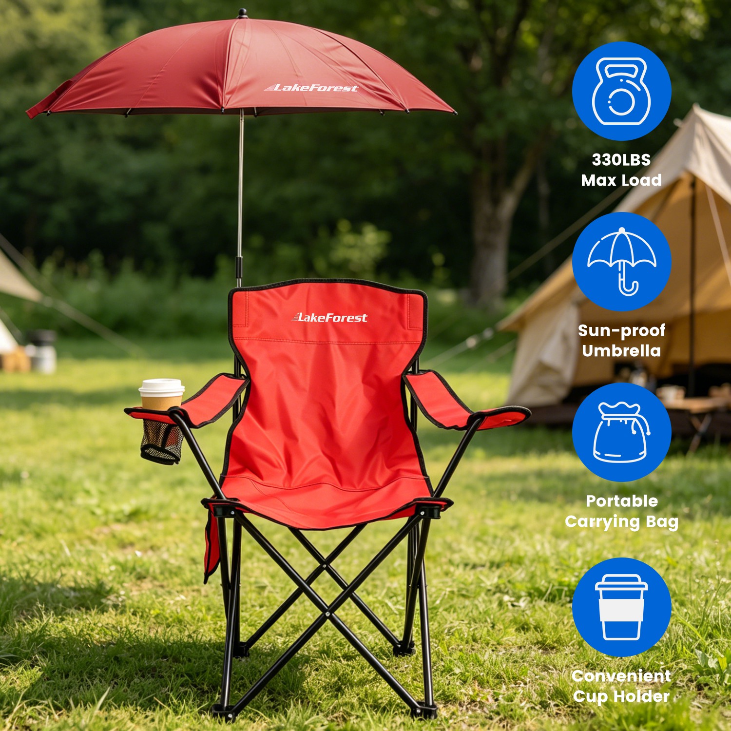Camping Chair with Umbrella Lightweight Foldable Outdoor Chair with Cup Holder Detachable Sun Canopy Carrying Bag 330LBS Max Load for Beach Picnic Tra thumbnail 2