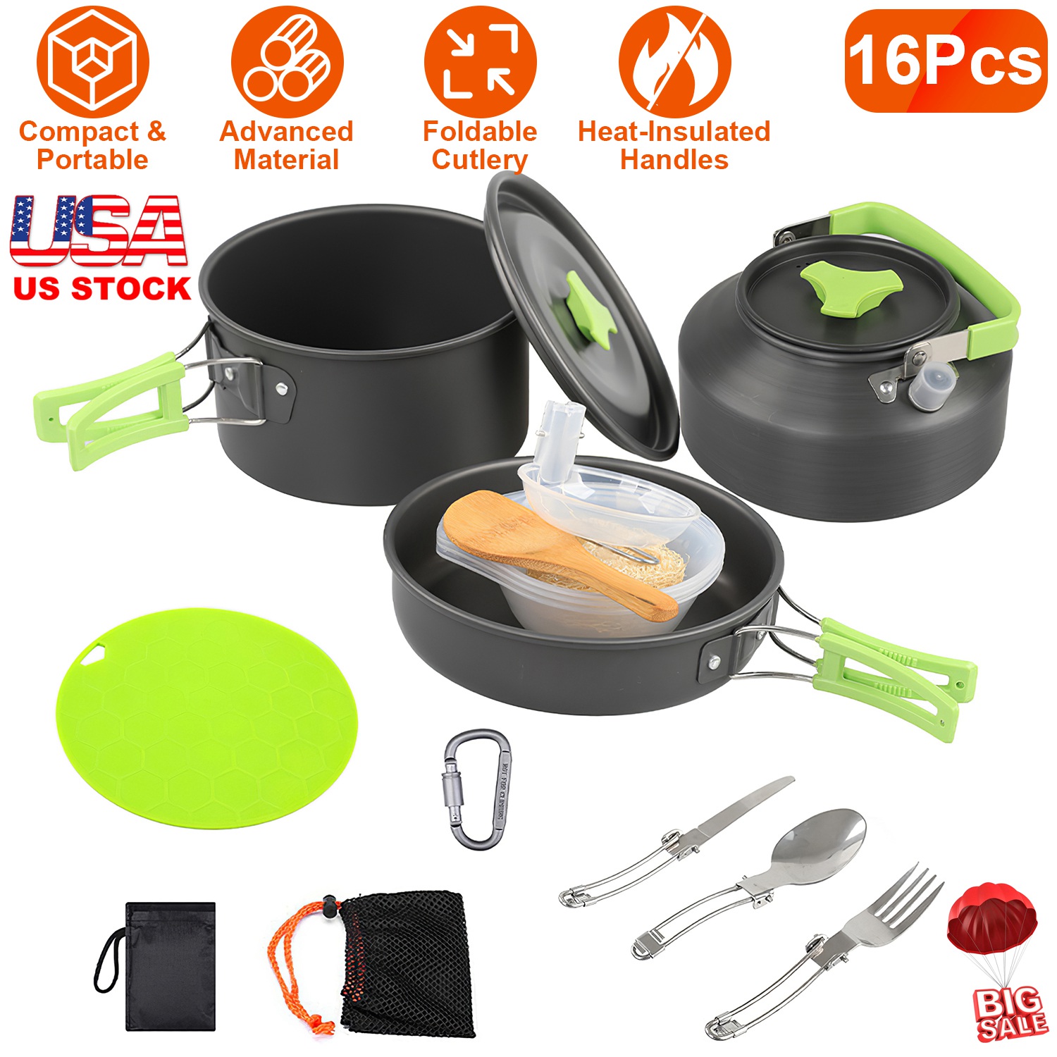 16Pcs Camping Cooking Ware Set Camping Stove Cookware Kit Aluminum Pot Pan Kettle Set with Bowls Knife Fork Spoon Carabiner Spatula Cutting Board for thumbnail 2