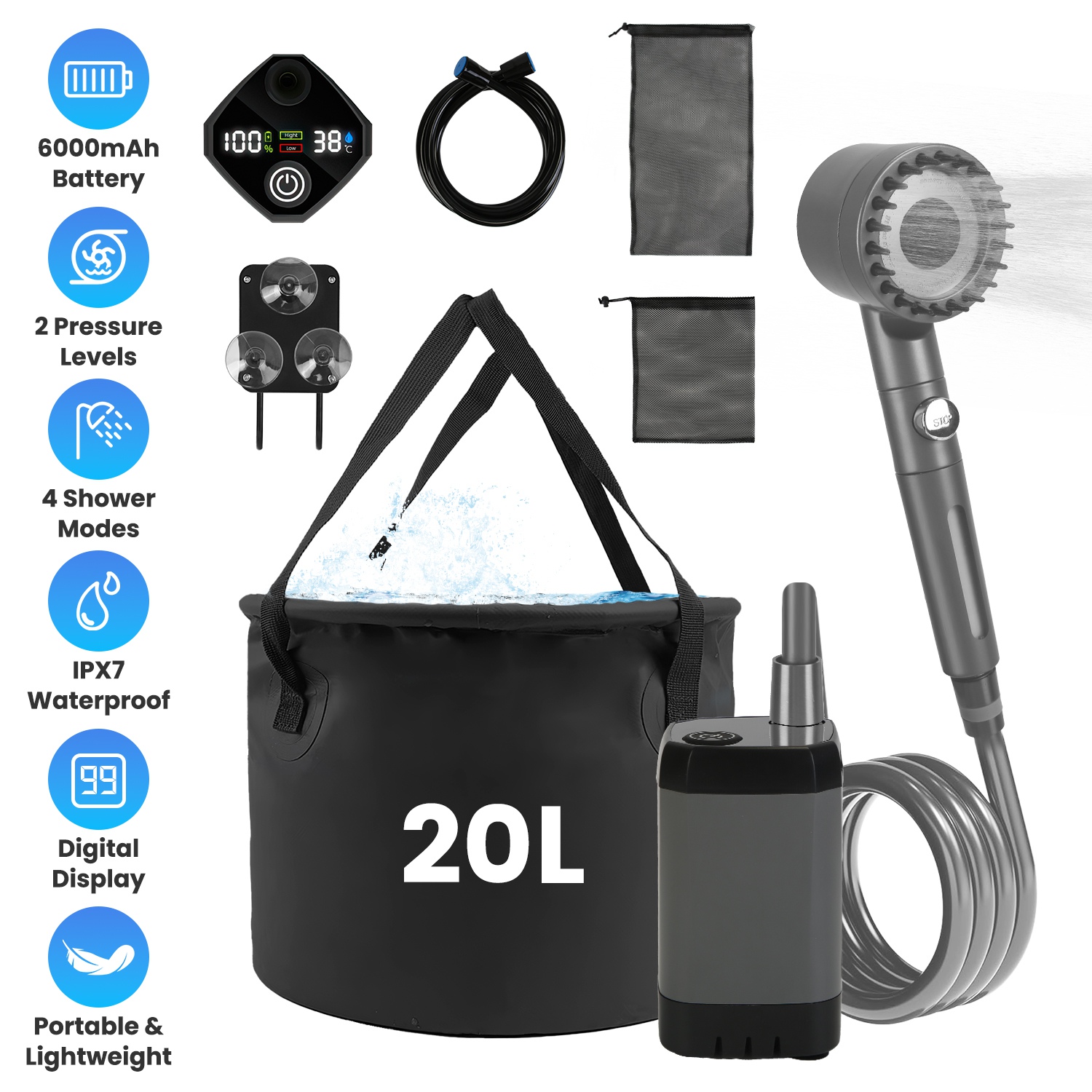 Portable Shower for Camping Include IPX7 Waterproof 6000mAh Rechargeable Shower Pump Filtered Shower Head 5.3Gallon Foldable Bucket For Hiking Beach T thumbnail 2