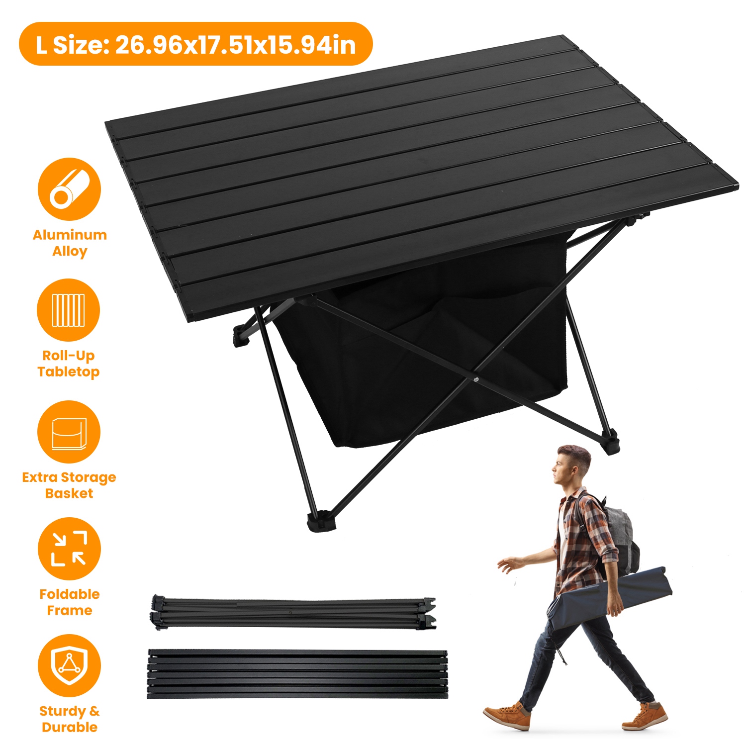 Foldable Camping Table With Storage Basket Rustproof Portable Aluminum Alloy Roll-Up Camping Table With Carrying Bag For Camping Hiking BBQ Picnic Fis thumbnail 2