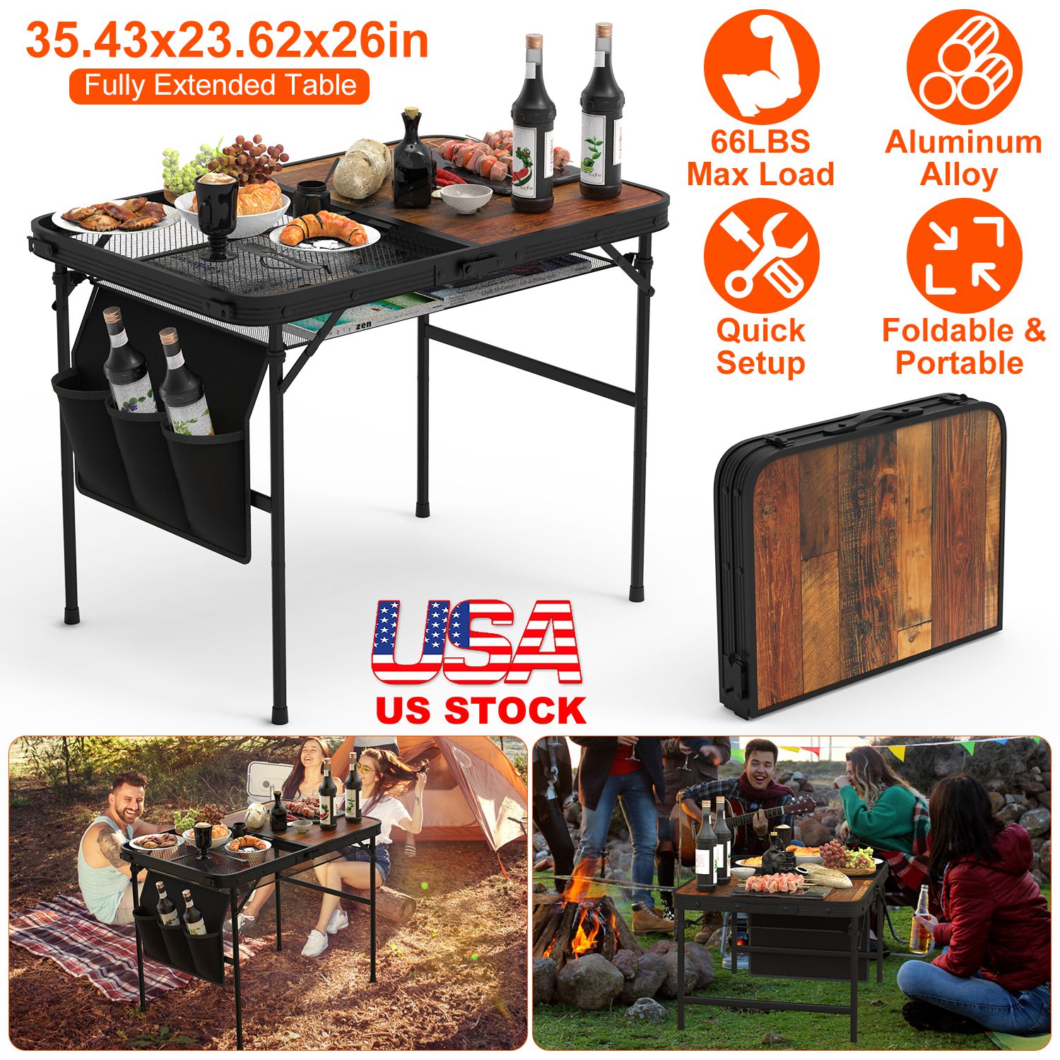 35.43x23.62x26in Foldable Camping Table Collapsible Picnic Aluminum Alloy Grill Stand 66LBS Max Load Height Adjustable BBQ Table with Adjustable Heigh thumbnail 2