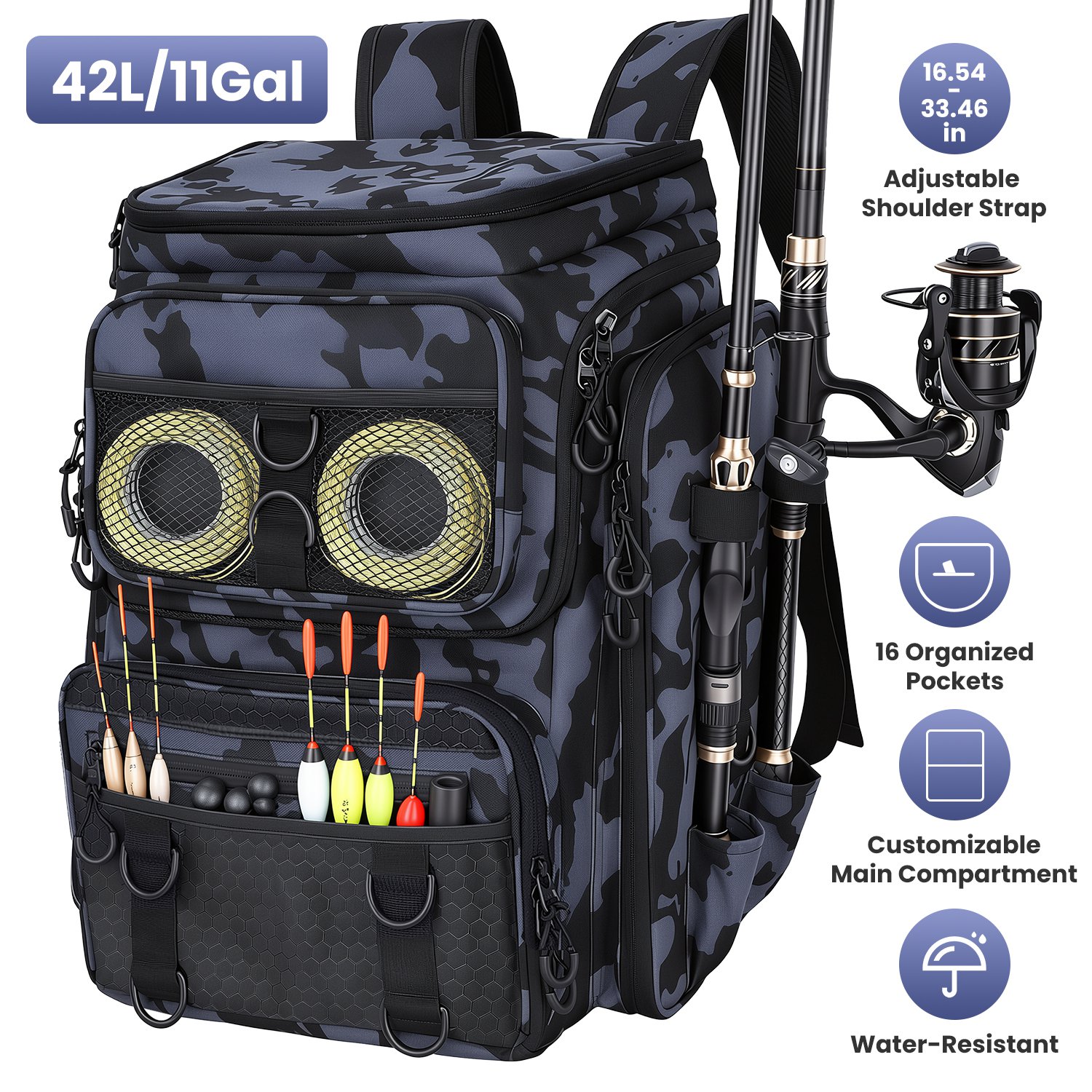 42L/11Gal Fishing Backpack Large Capacity Fishing Tackle Storage Bag with Rod Holders 16-Pocket Water-Resistant with Divider Adjustable Padded Straps thumbnail 2