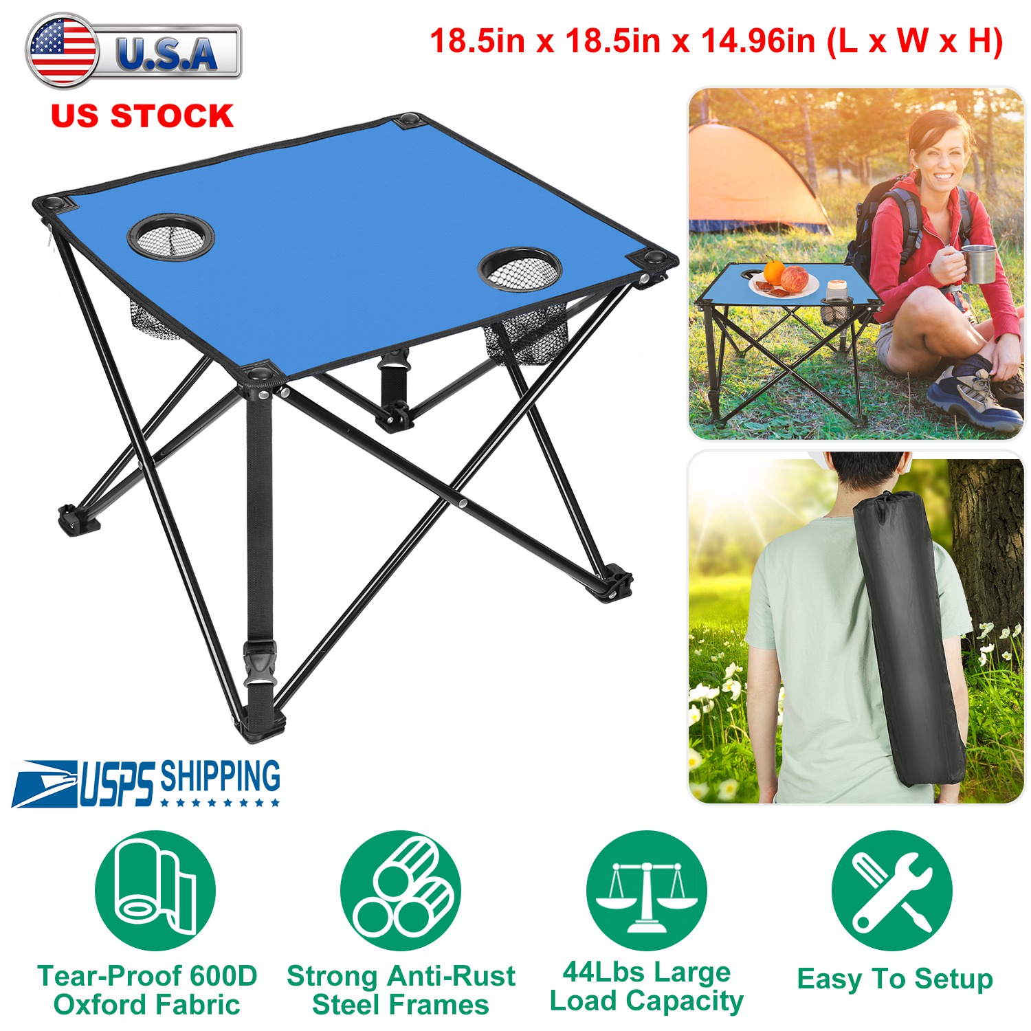 1Pc Foldable Camping Table Portable Picnic Table Lightweight Travel Desk with 2 Cup Holders Carrying Bag thumbnail 2