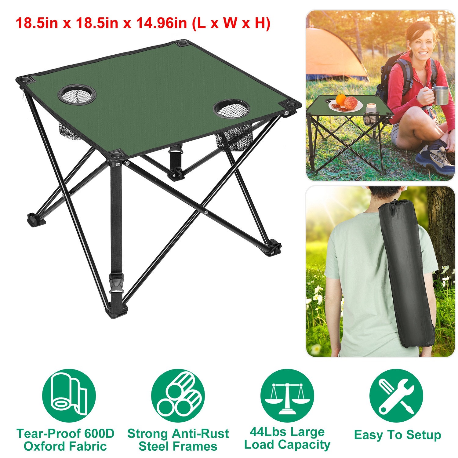 1Pc Foldable Camping Table Portable Picnic Table Lightweight Travel Desk with 2 Cup Holders Carrying Bag thumbnail 2