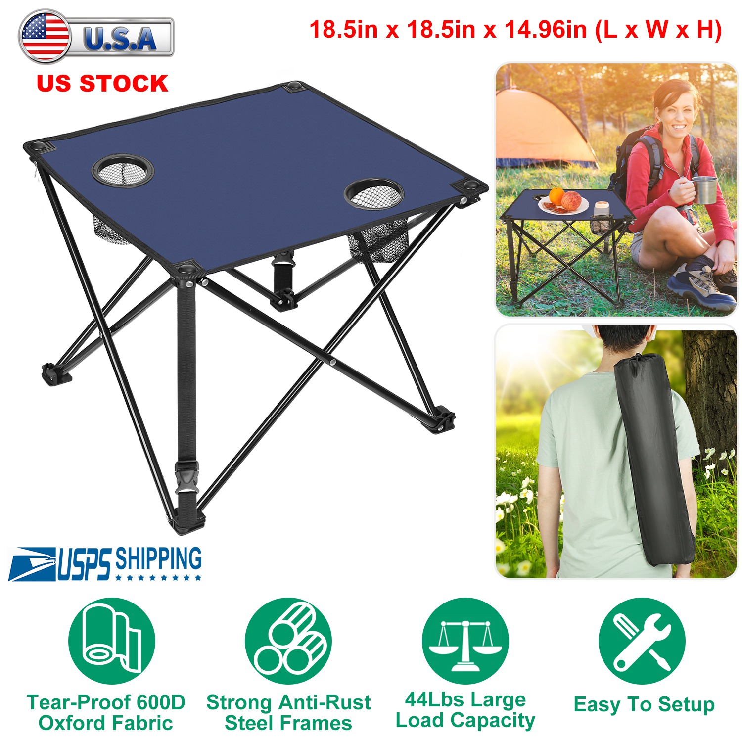 1Pc Foldable Camping Table Portable Picnic Table Lightweight Travel Desk with 2 Cup Holders Carrying Bag thumbnail 2