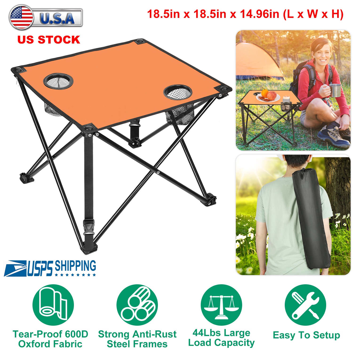 1Pc Foldable Camping Table Portable Picnic Table Lightweight Travel Desk with 2 Cup Holders Carrying Bag thumbnail 2